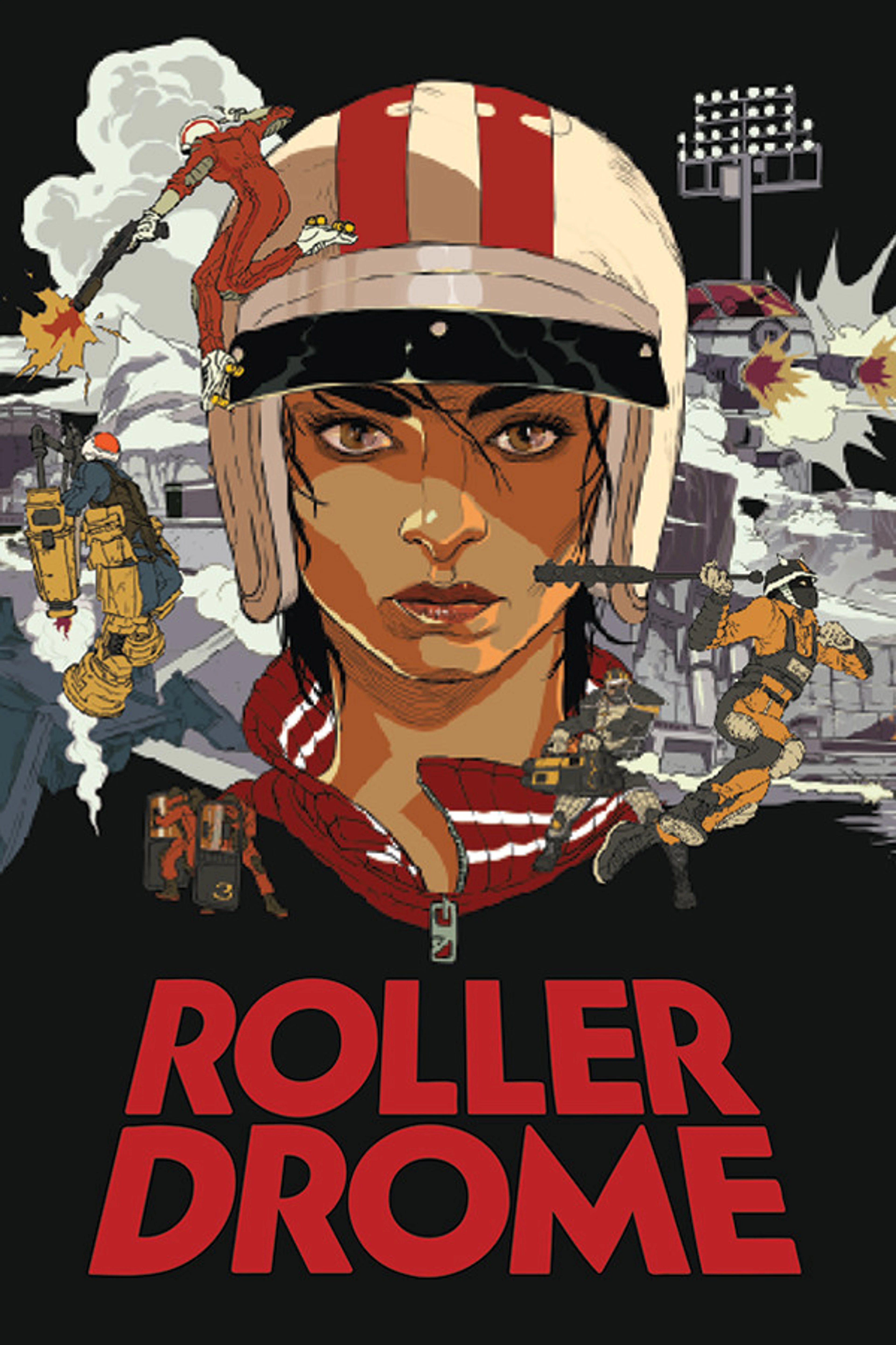 Official Rollerdrome cover: Kara’s helmeted face surrounded by illustrated skaters and armed opponents.