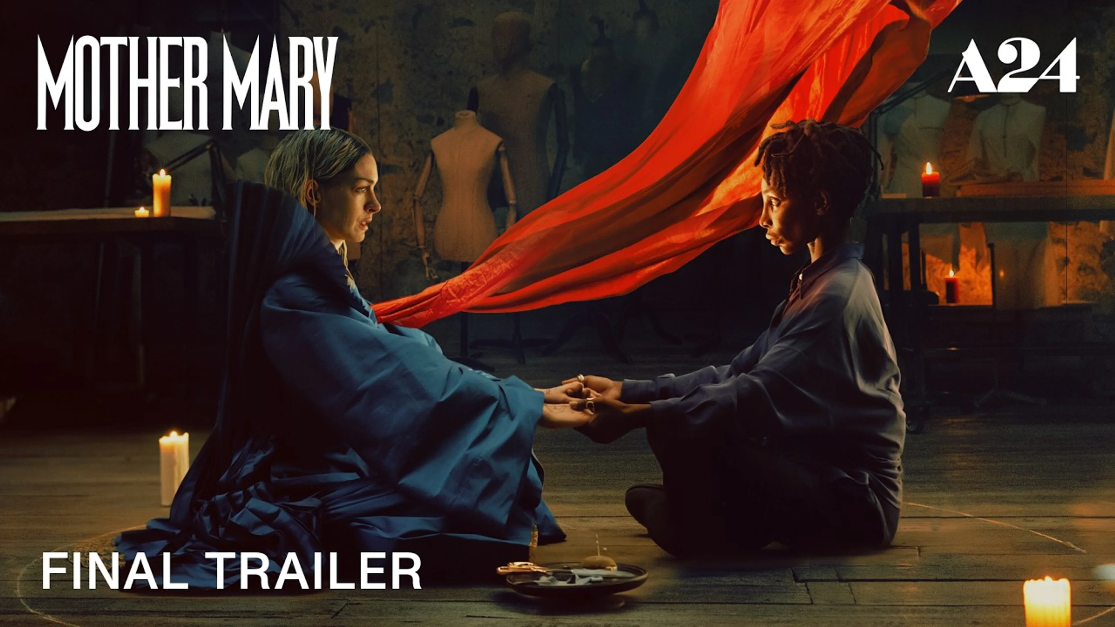 Anne Hathaway and Michaela Coel sit opposite each other in the official Mother Mary final trailer image.