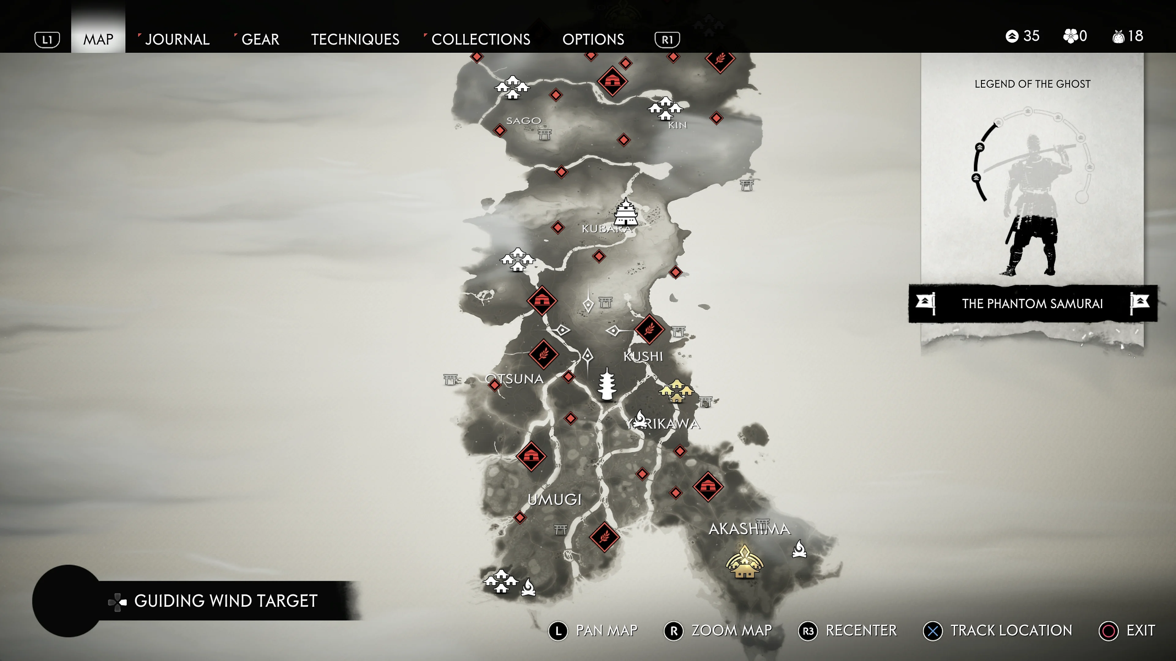Official Ghost of Tsushima map with MAP highlighted at the top, red enemy-site symbols, a Guiding Wind Target prompt at lower left and Track Location at lower right.