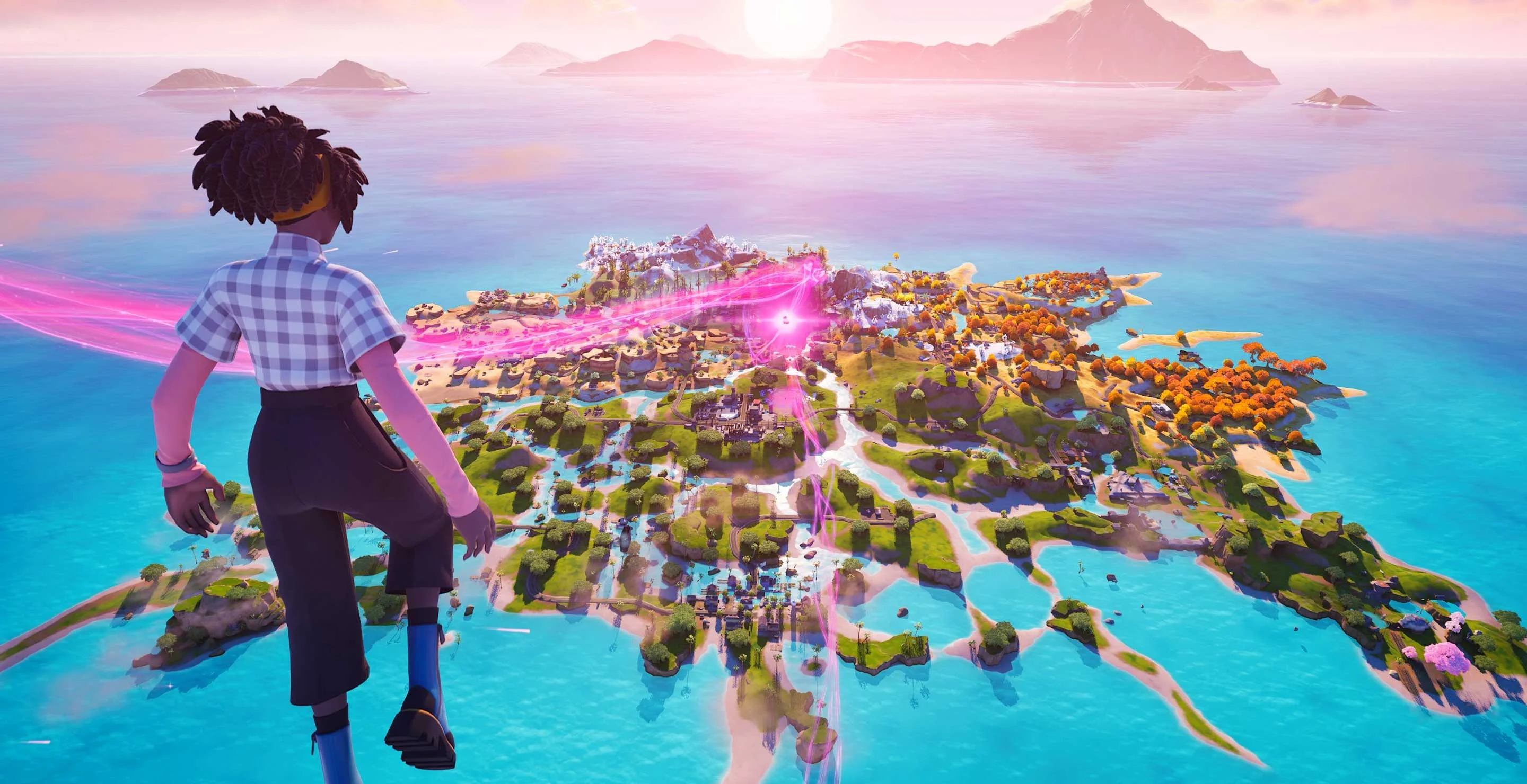 A Fortnite character looking across the current Battle Royale island.