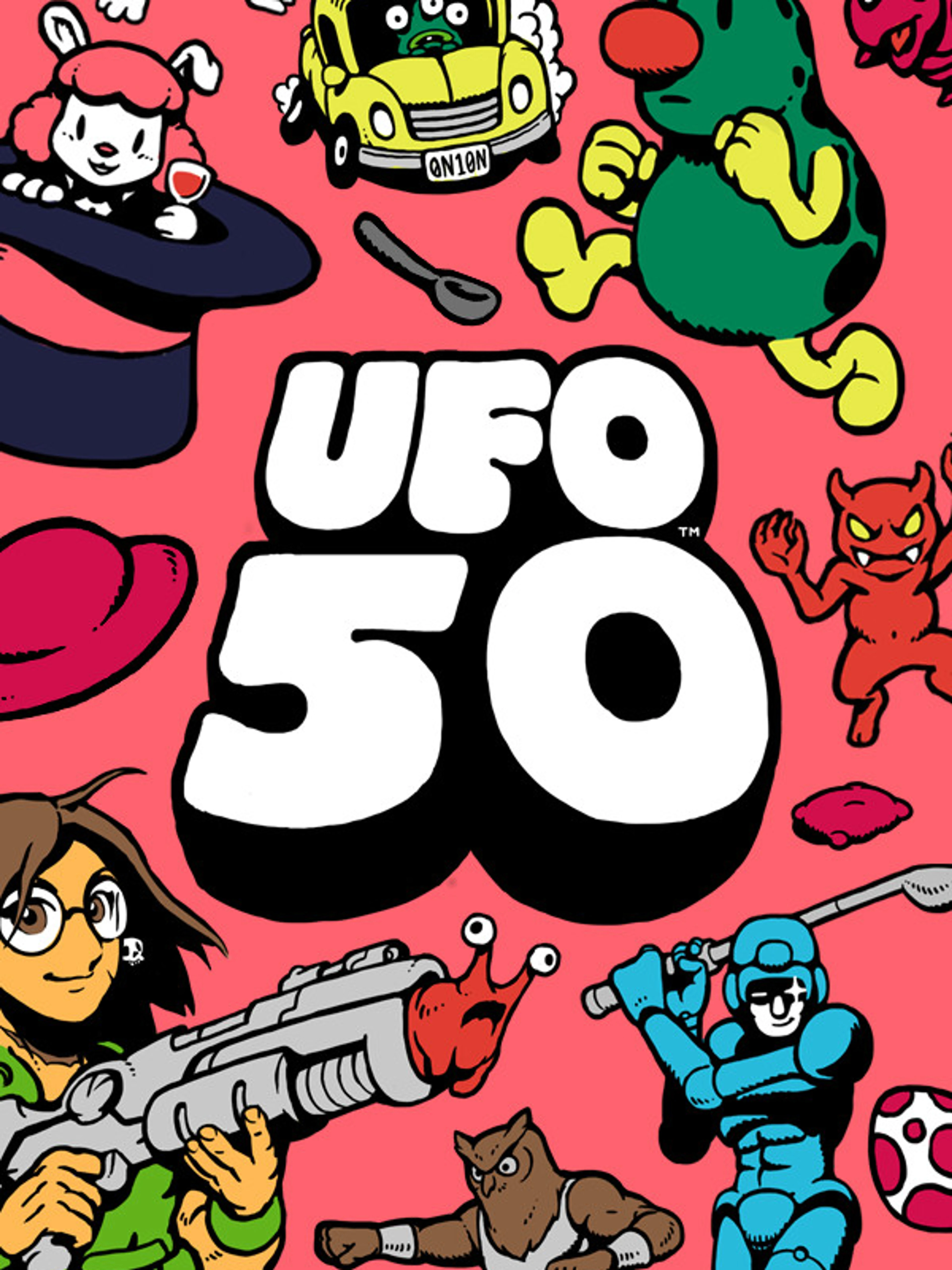 Official UFO 50 cover with the bold game logo and colorful pixel-art characters.