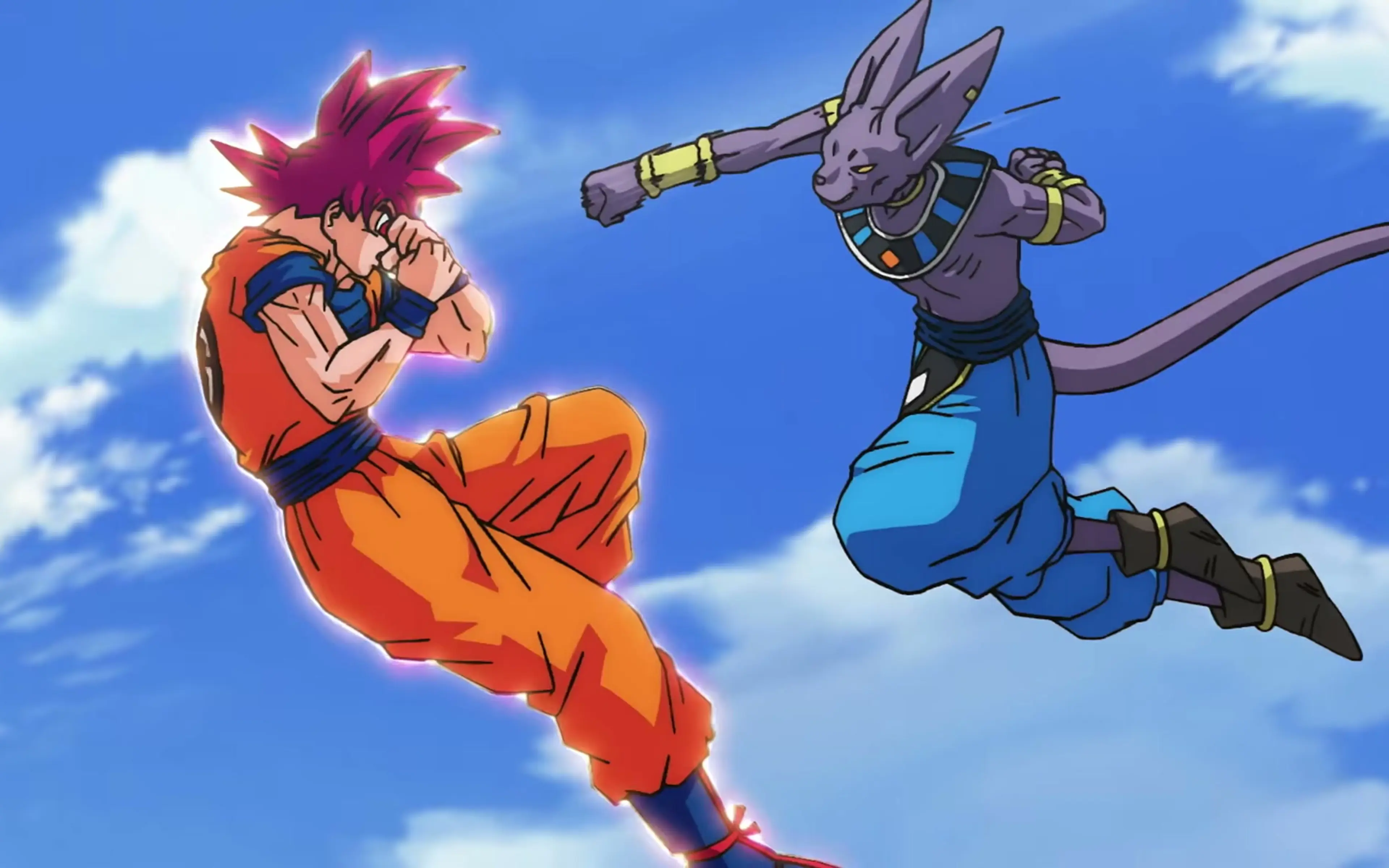 Super Saiyan God Goku blocks a midair punch from Beerus against a bright blue sky.
