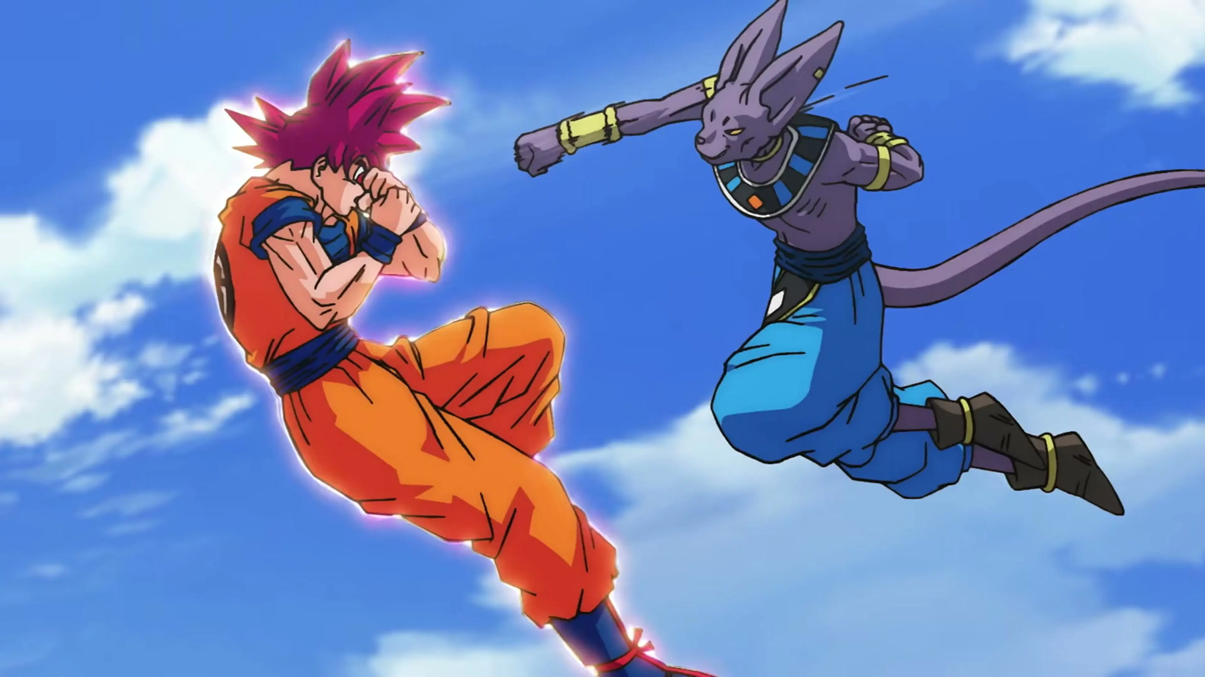 Super Saiyan God Goku blocks a midair punch from Beerus against a bright blue sky.