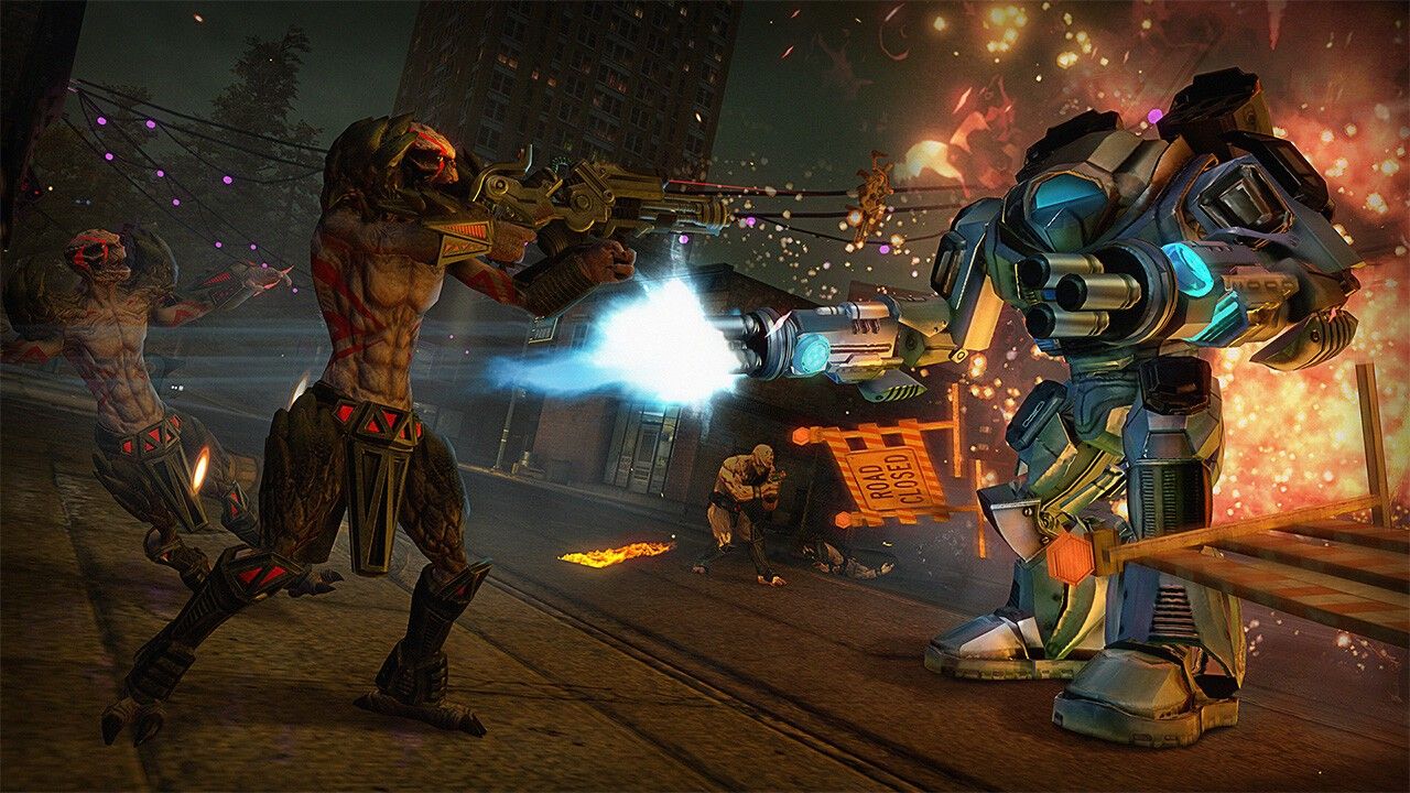 A character fights a large armored alien enemy in a city street.
