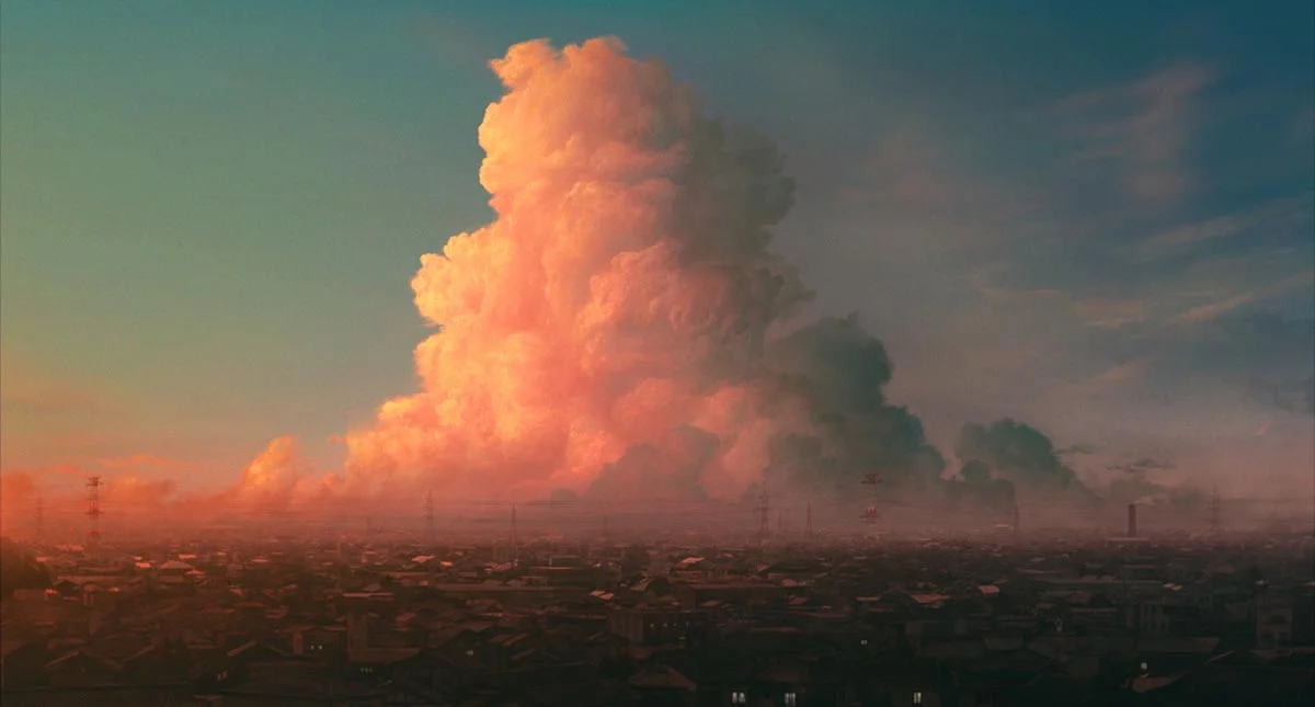 An animated sky glows orange above a quiet landscape.