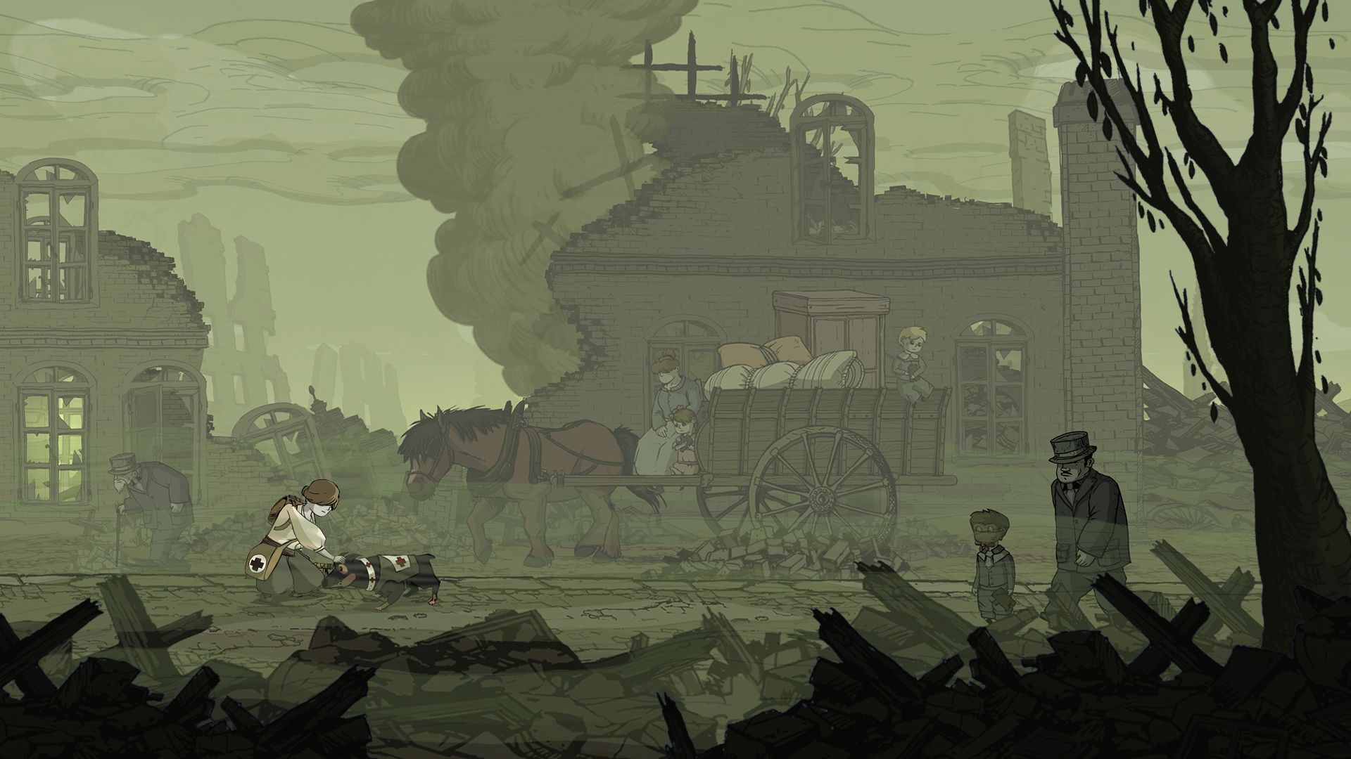 Walt the dog and a human character crossing a damaged town street.
