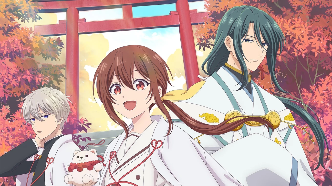 Nagi and two schoolmates appear by a red shrine gate in the clear anime key visual.