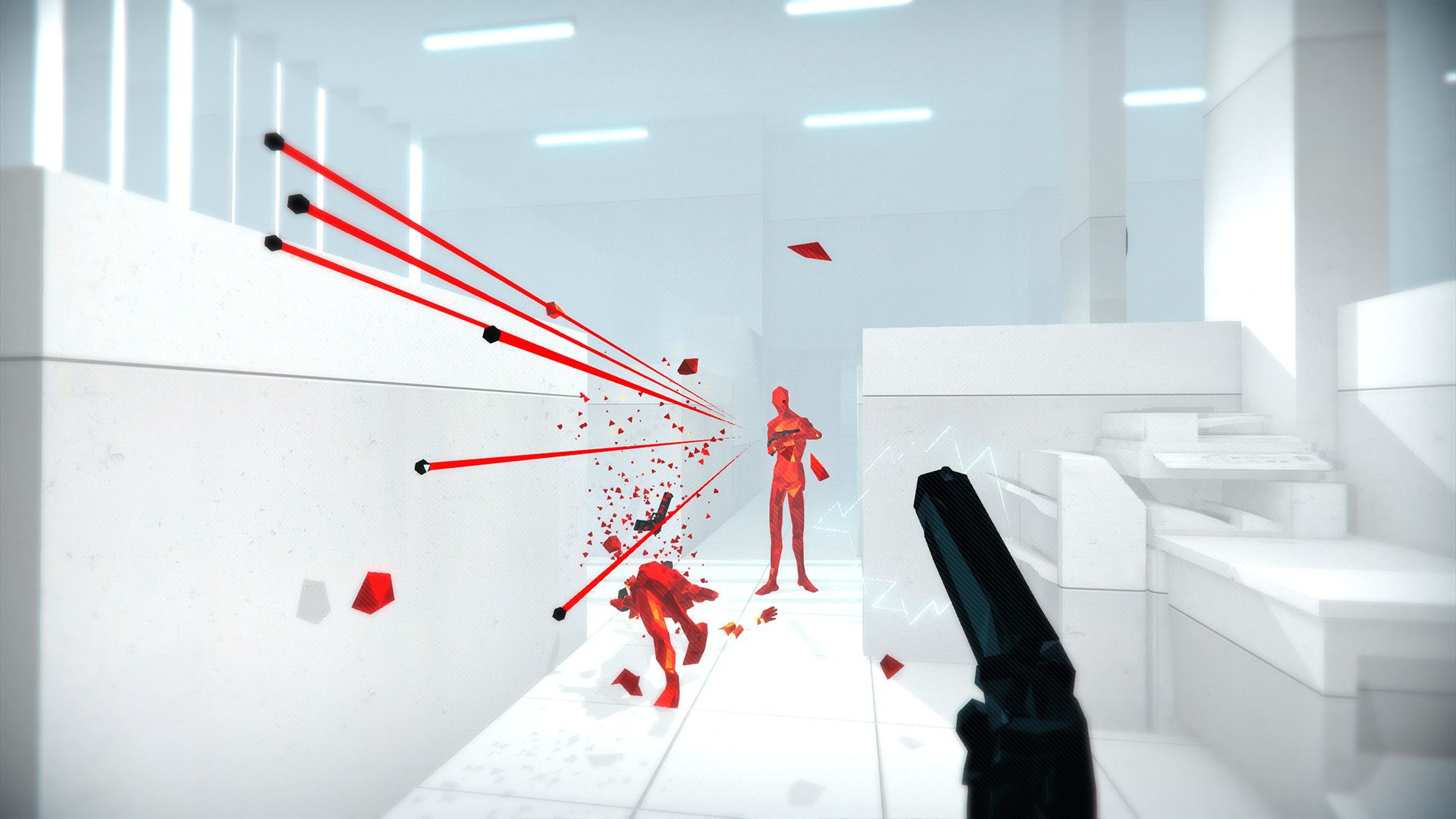 Several thin red bullet trails cross an almost empty white arena.