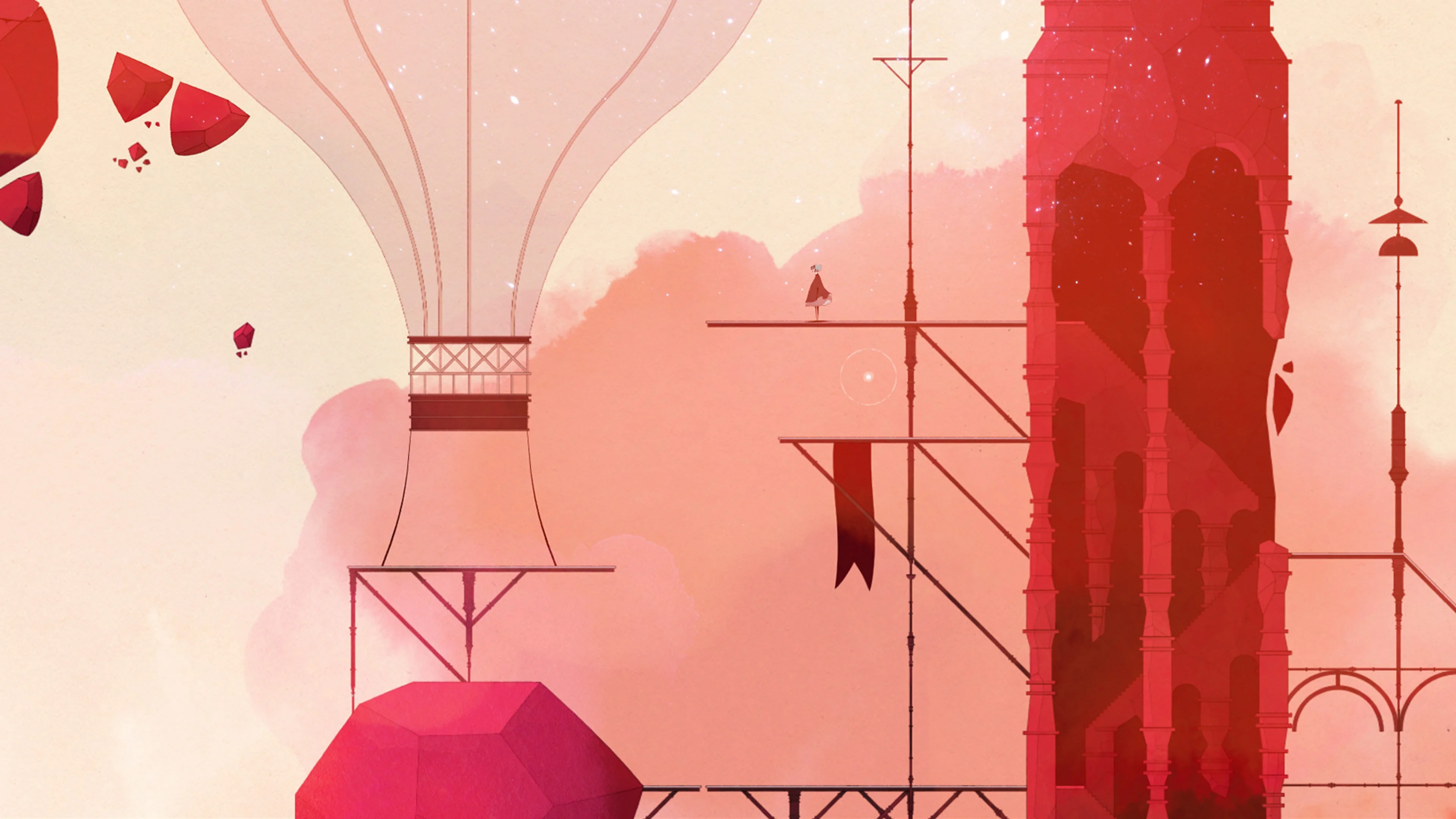 A character moves between narrow platforms beside a tall red tower in GRIS.