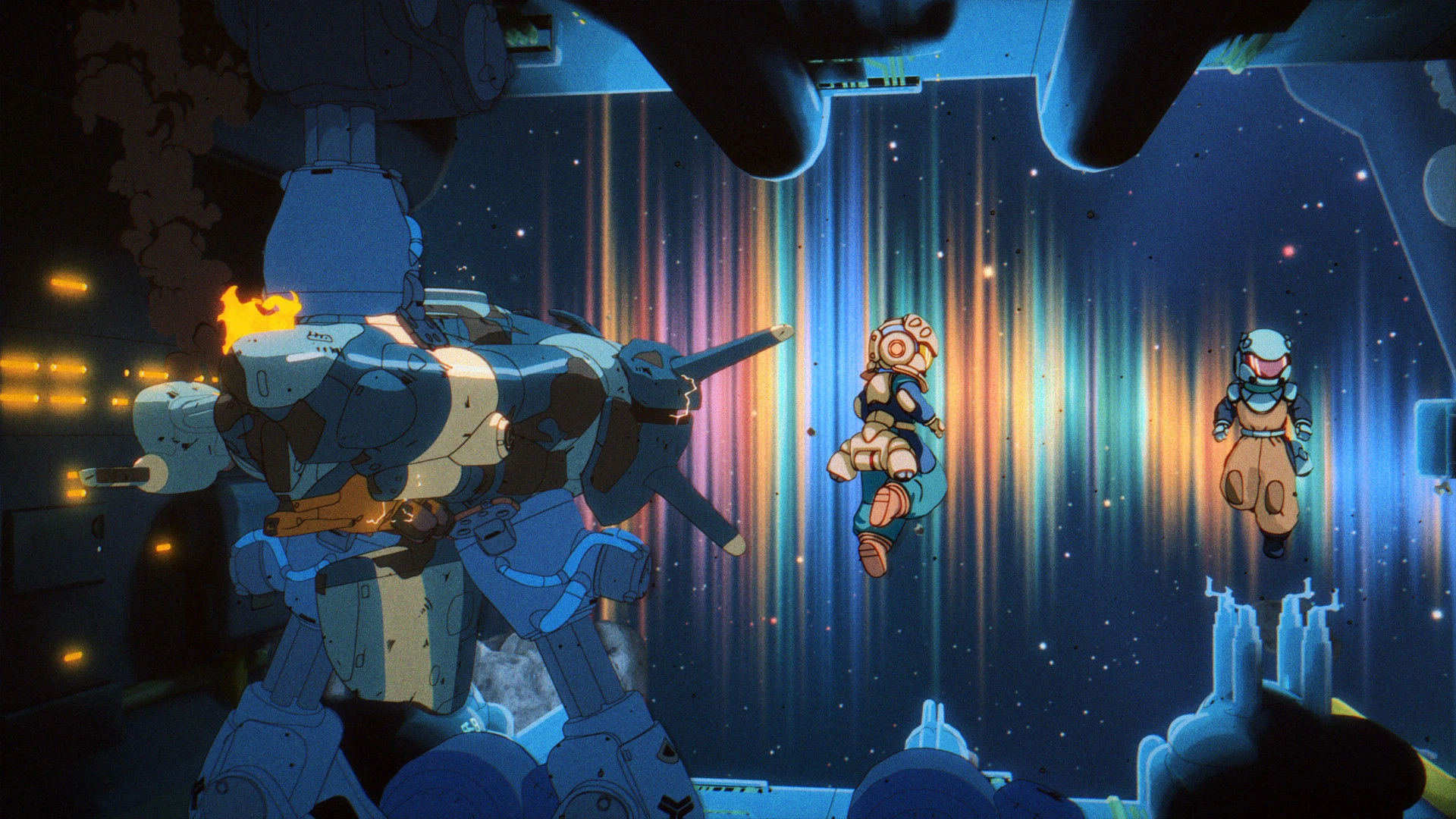 Maki and Omura face a giant robot across a split-screen Orbitals scene.