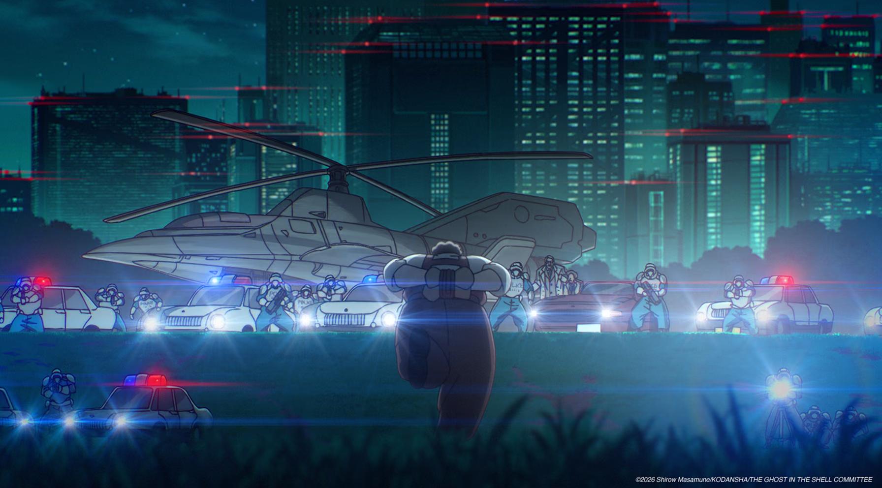 An armed figure faces police vehicles and a helicopter in The Ghost in the Shell Episode 9.