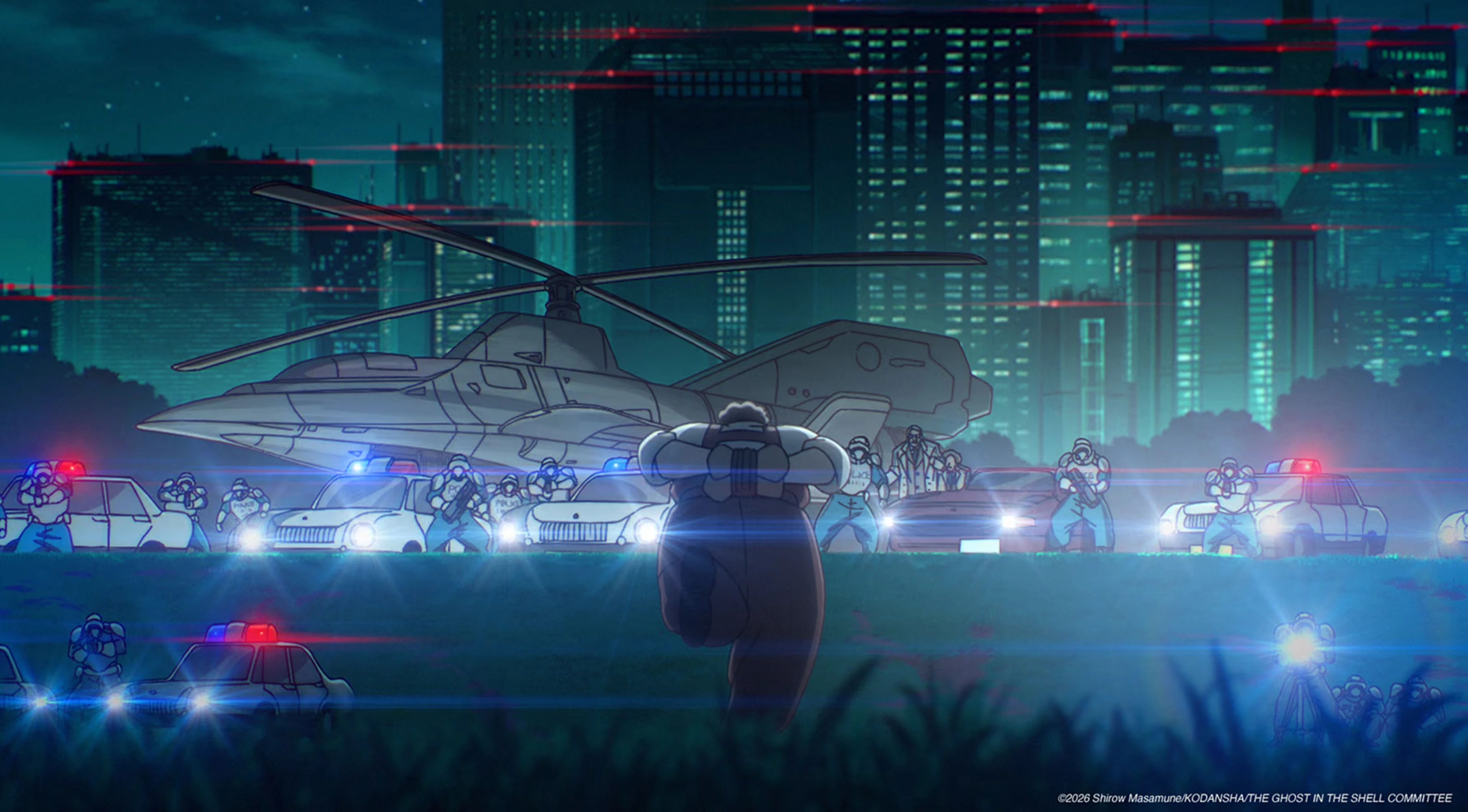 An armed figure faces police vehicles and a helicopter in The Ghost in the Shell Episode 9.