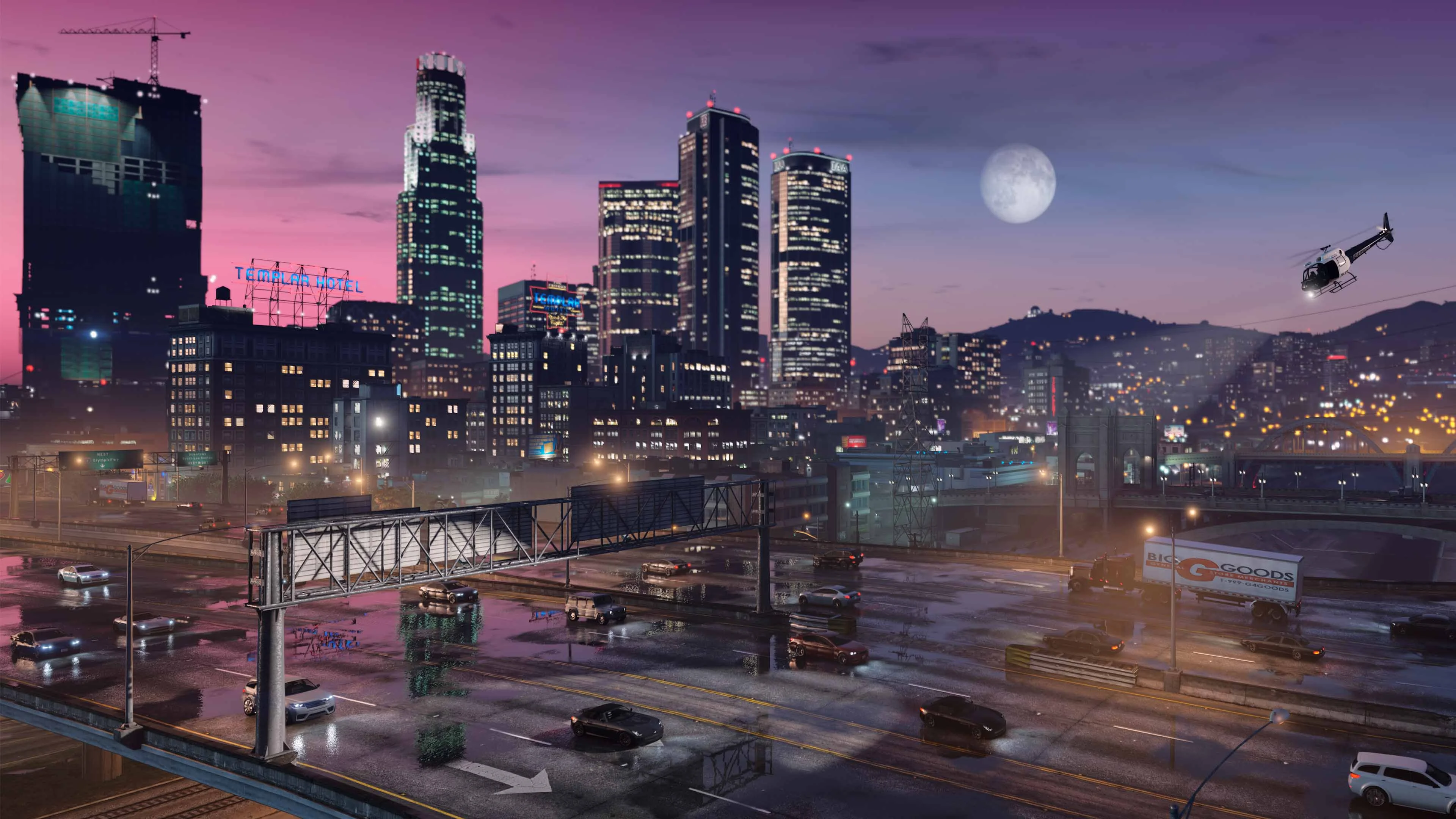 Official Grand Theft Auto V screenshot of the Los Santos skyline at dusk.