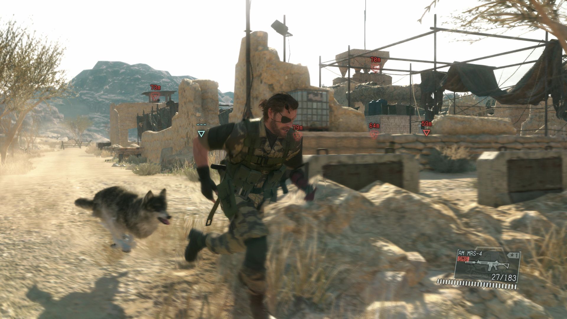 Snake and a dog move through a sunlit outpost with walls and equipment.