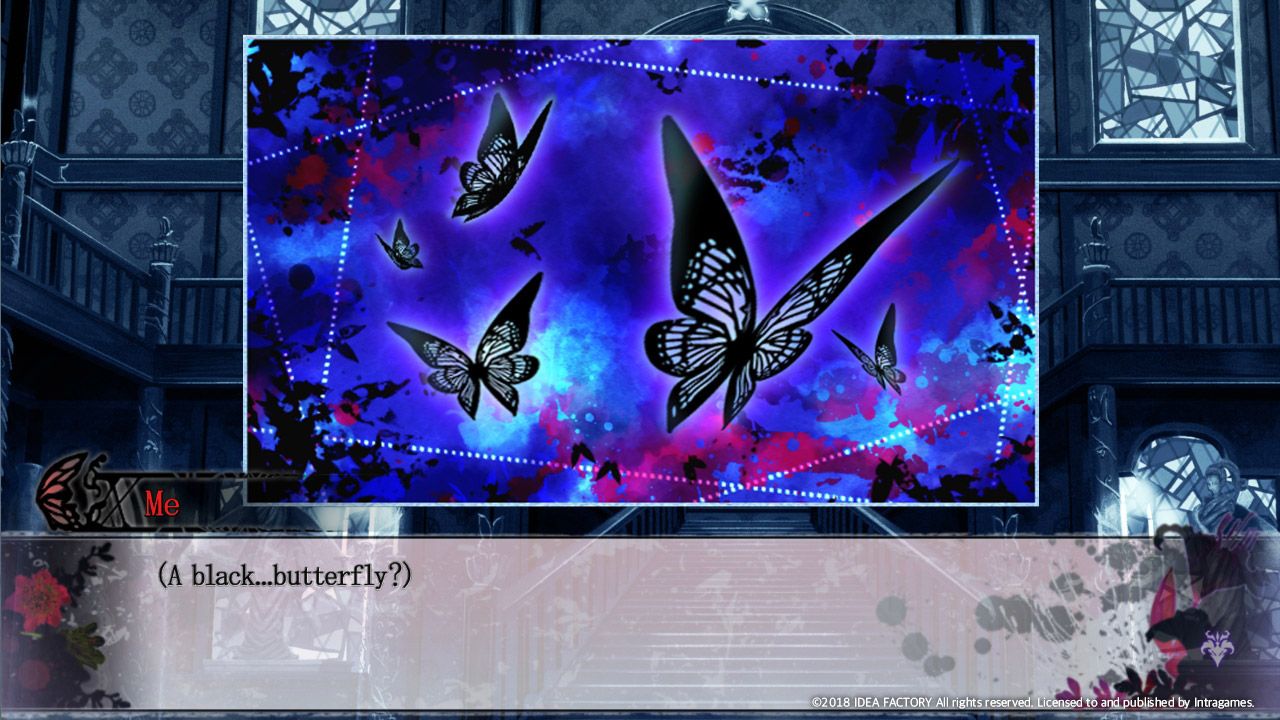 A large butterfly painting hangs in a blue hall in Psychedelica of the Black Butterfly.