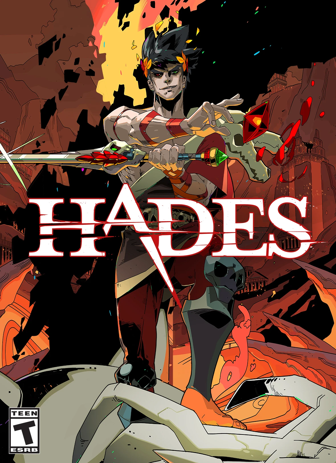 Official Hades box art showing Zagreus with his sword, the Underworld behind him, and the Hades logo.