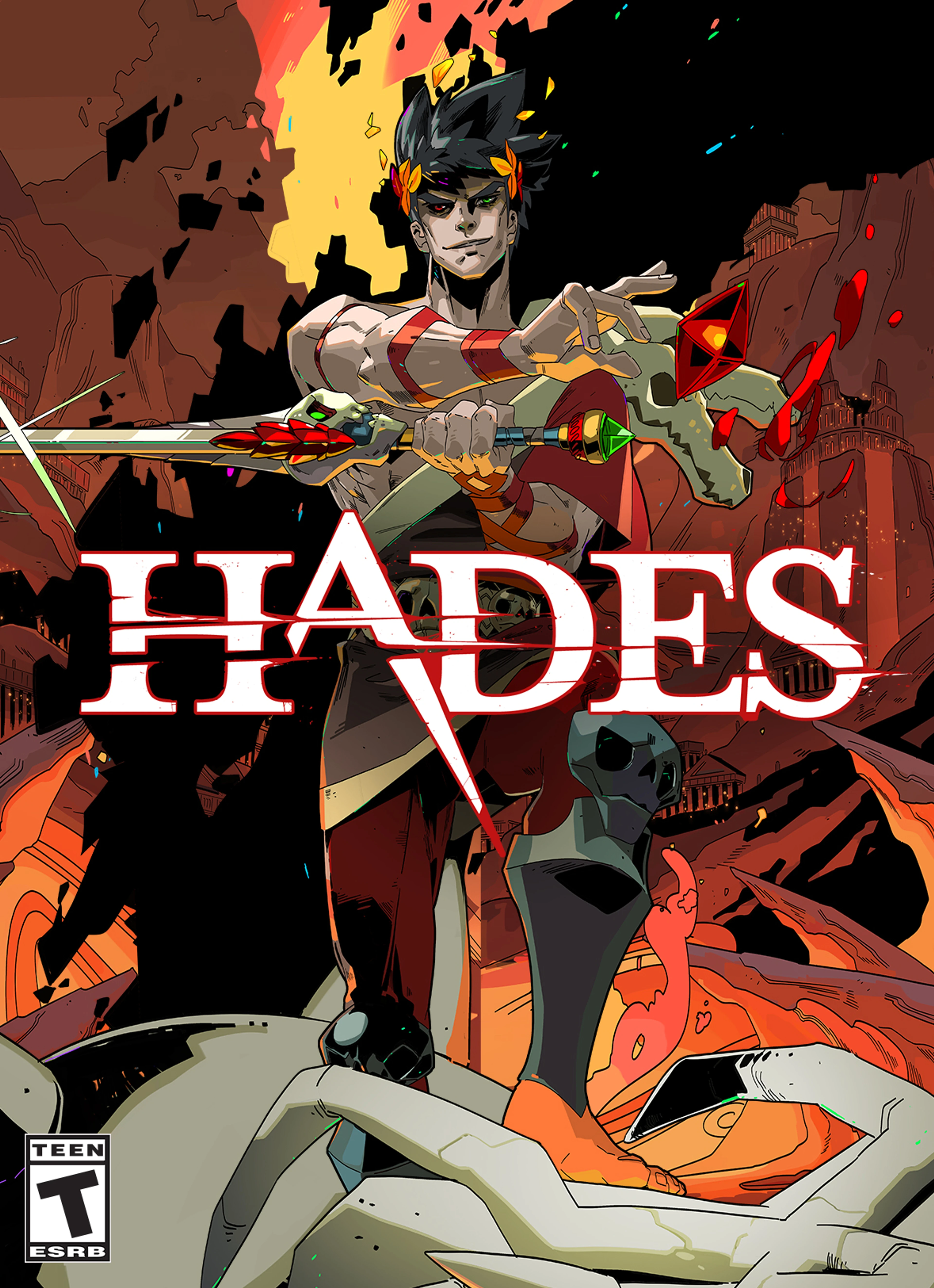 Official Hades box art showing Zagreus with his sword, the Underworld behind him, and the Hades logo.