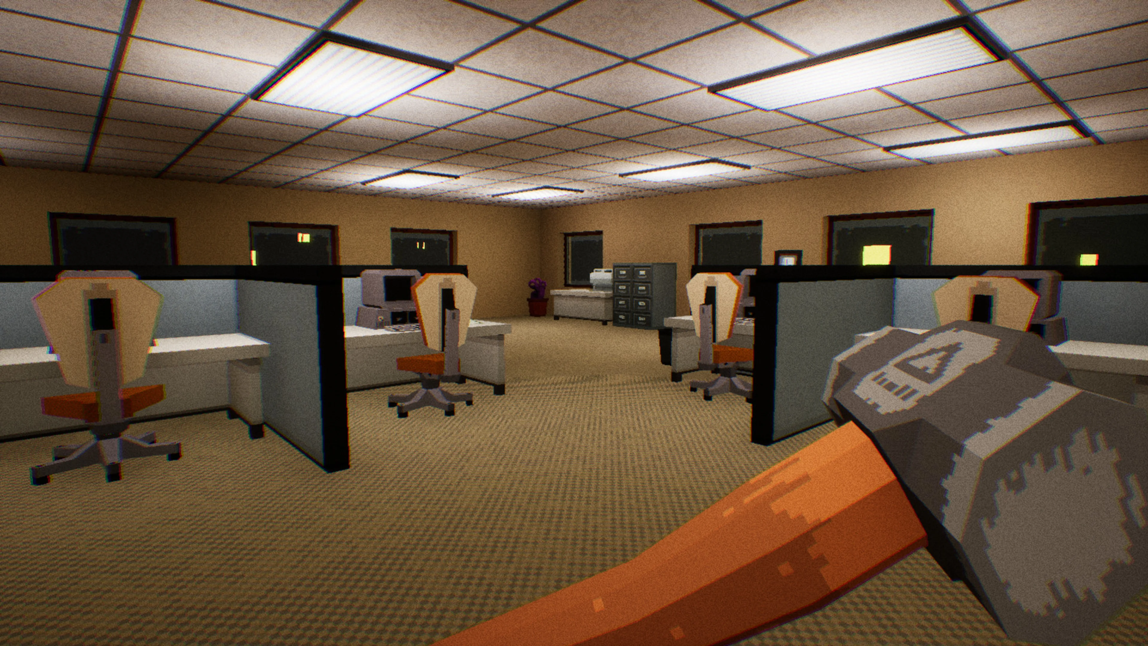 A sledgehammer is held in front of rows of office cubicles in Perfect Vermin.