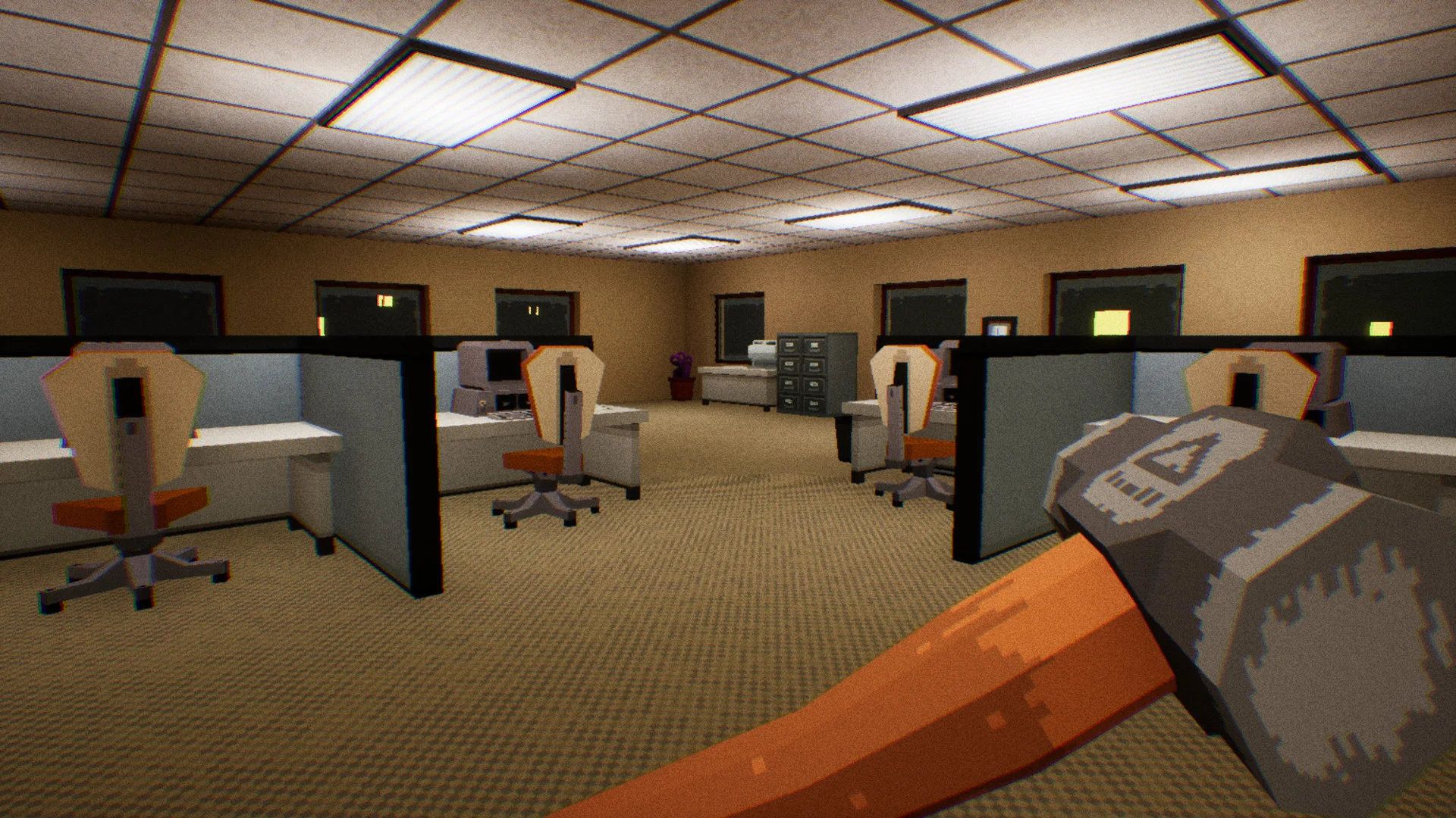 A sledgehammer is held in front of rows of office cubicles in Perfect Vermin.