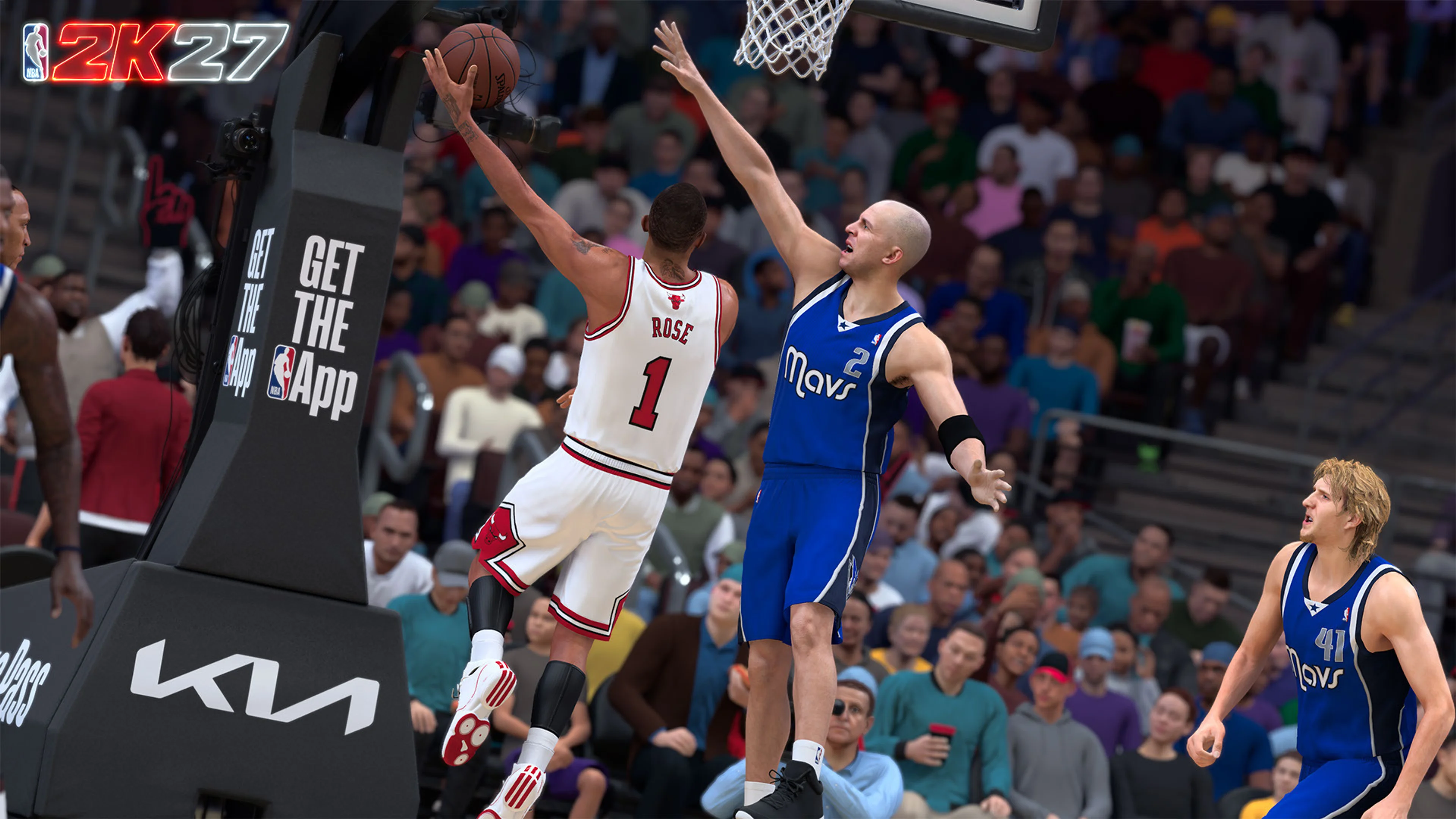 Derrick Rose drives toward the basket against two Dallas defenders in NBA 2K27.