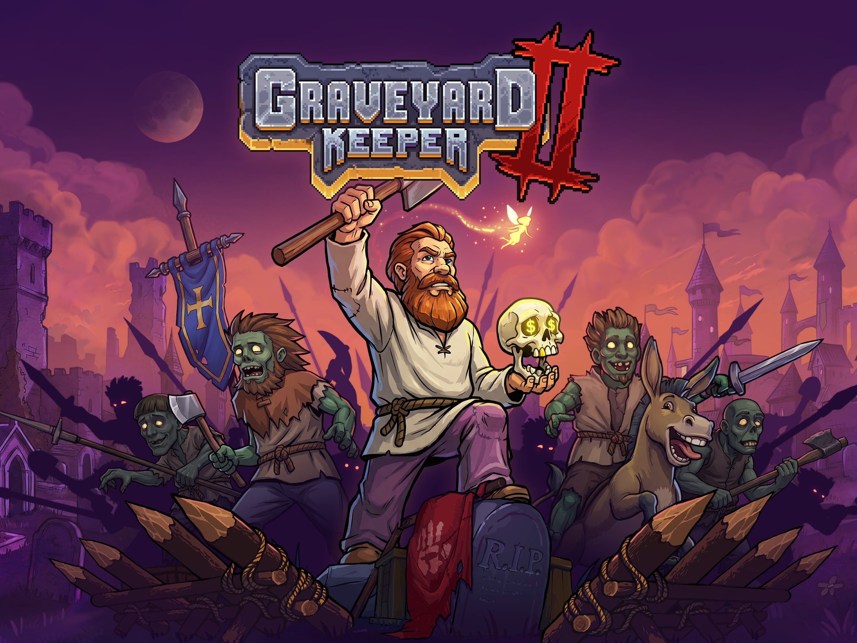Official Graveyard Keeper 2 artwork with the keeper, zombies and the game logo.