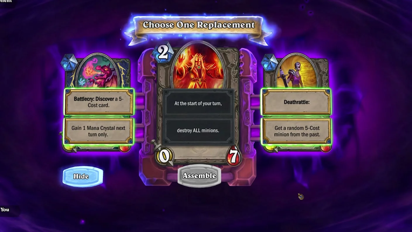 A Hearthstone card sits between two replacement text choices on a purple Assemble screen.