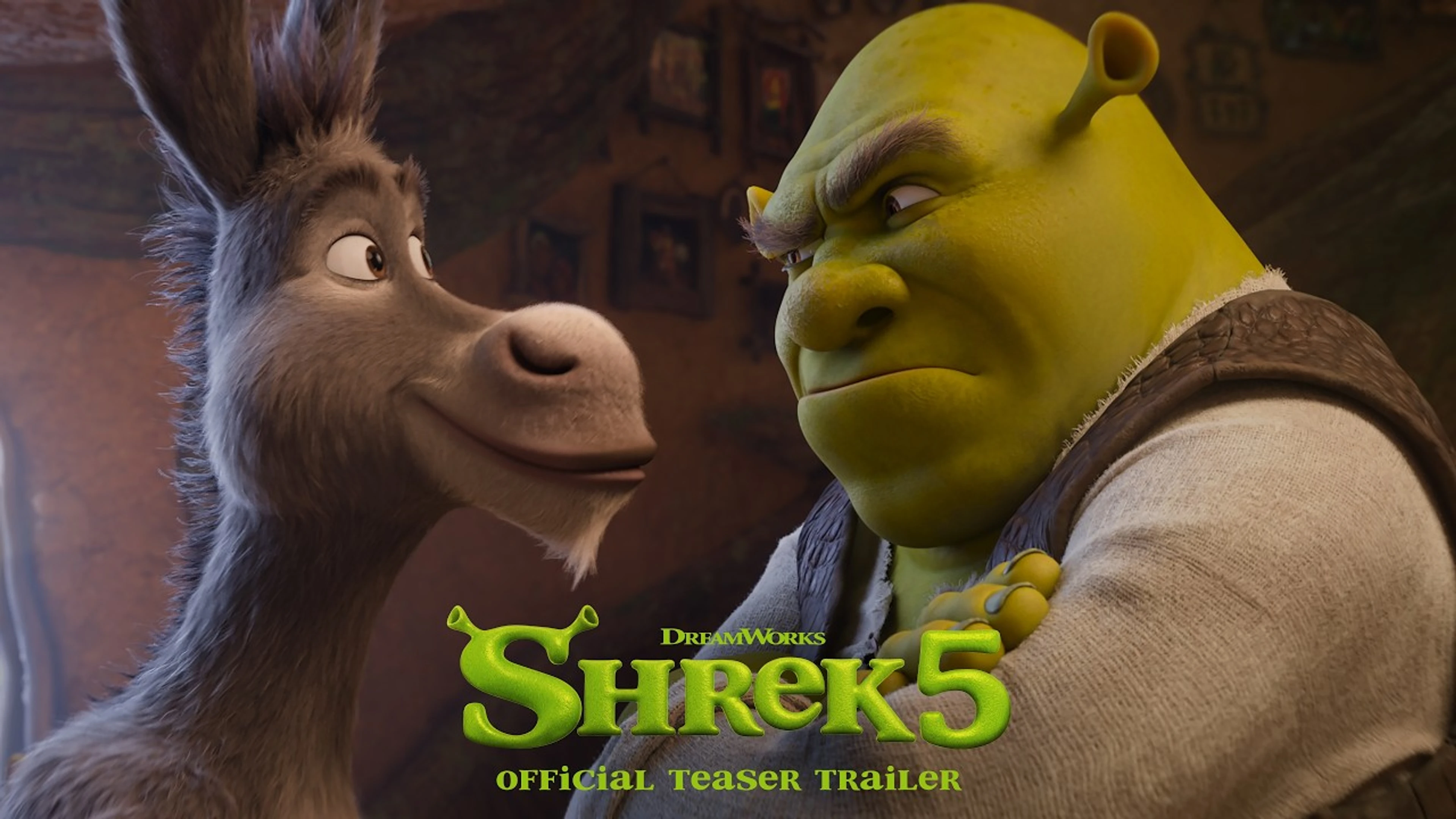 Official Shrek 5 trailer image featuring Shrek and Donkey from DreamWorks Animation.