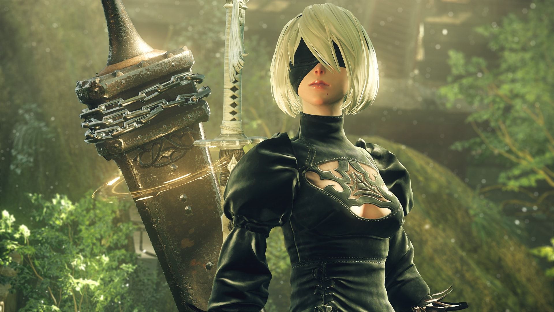 Android 2B stands in an overgrown area with a large sword on her back.