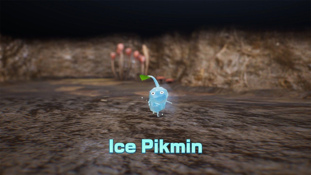 An Ice Pikmin stands in front of the explorer.