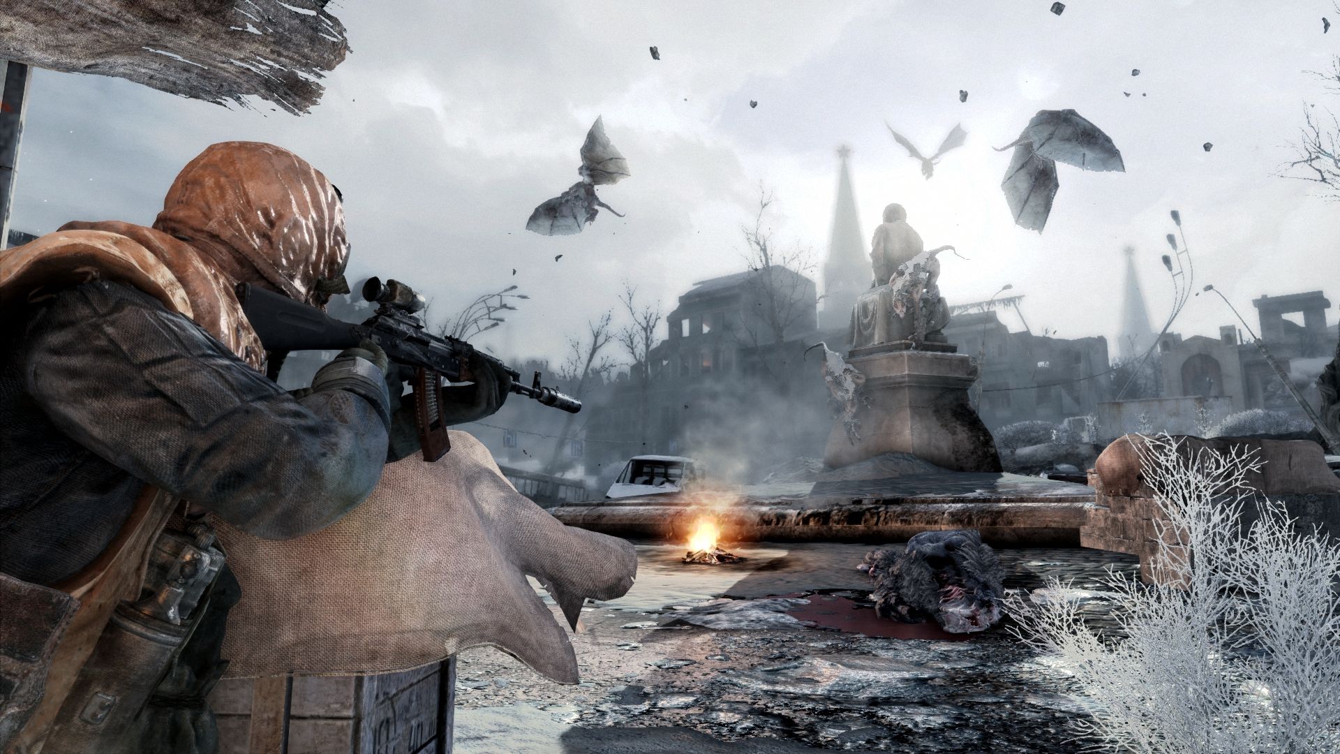 An armed Metro 2033 Redux Ranger looks across a ruined square with damaged statues.
