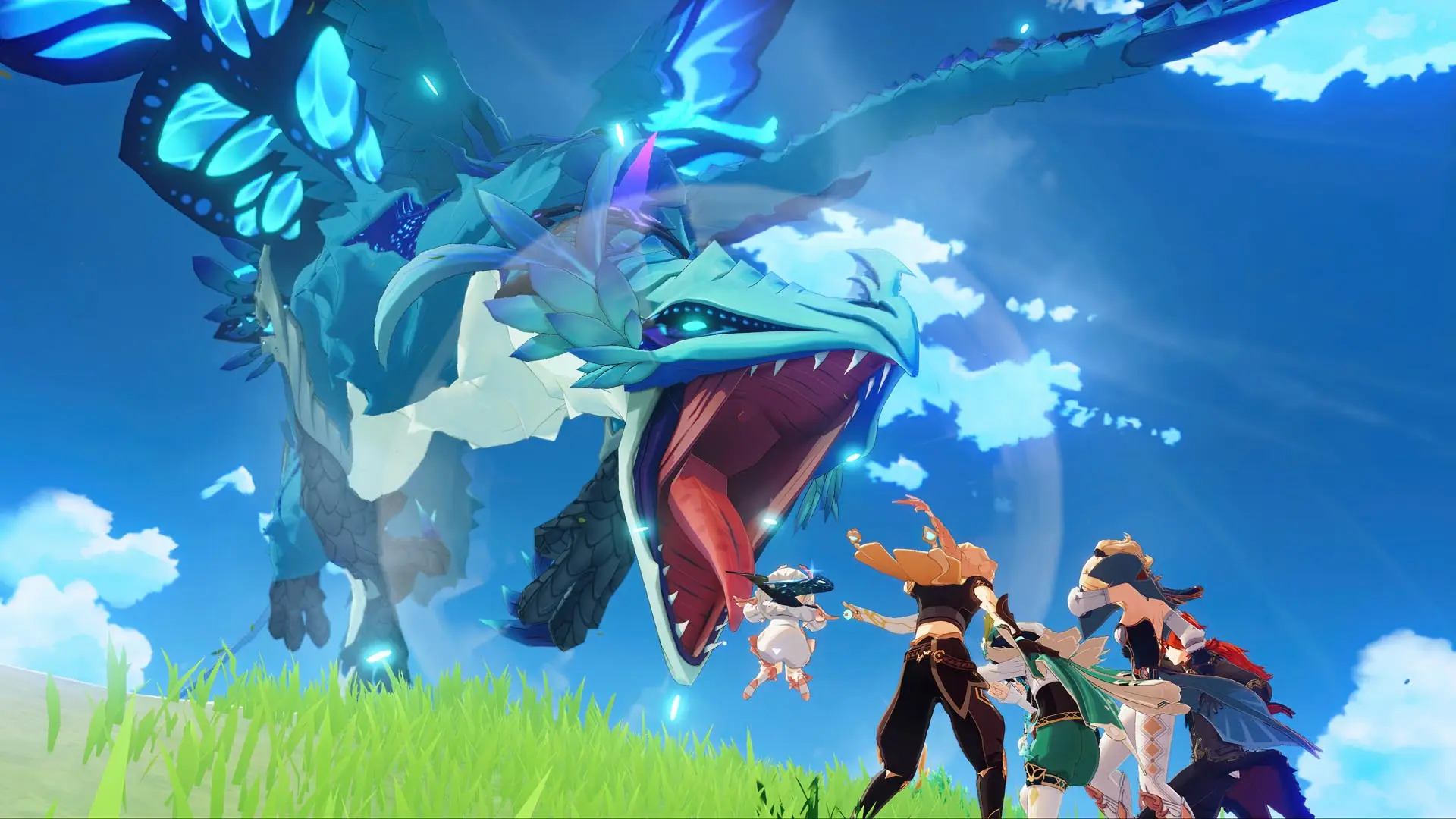 Genshin Impact characters exploring a wide open area