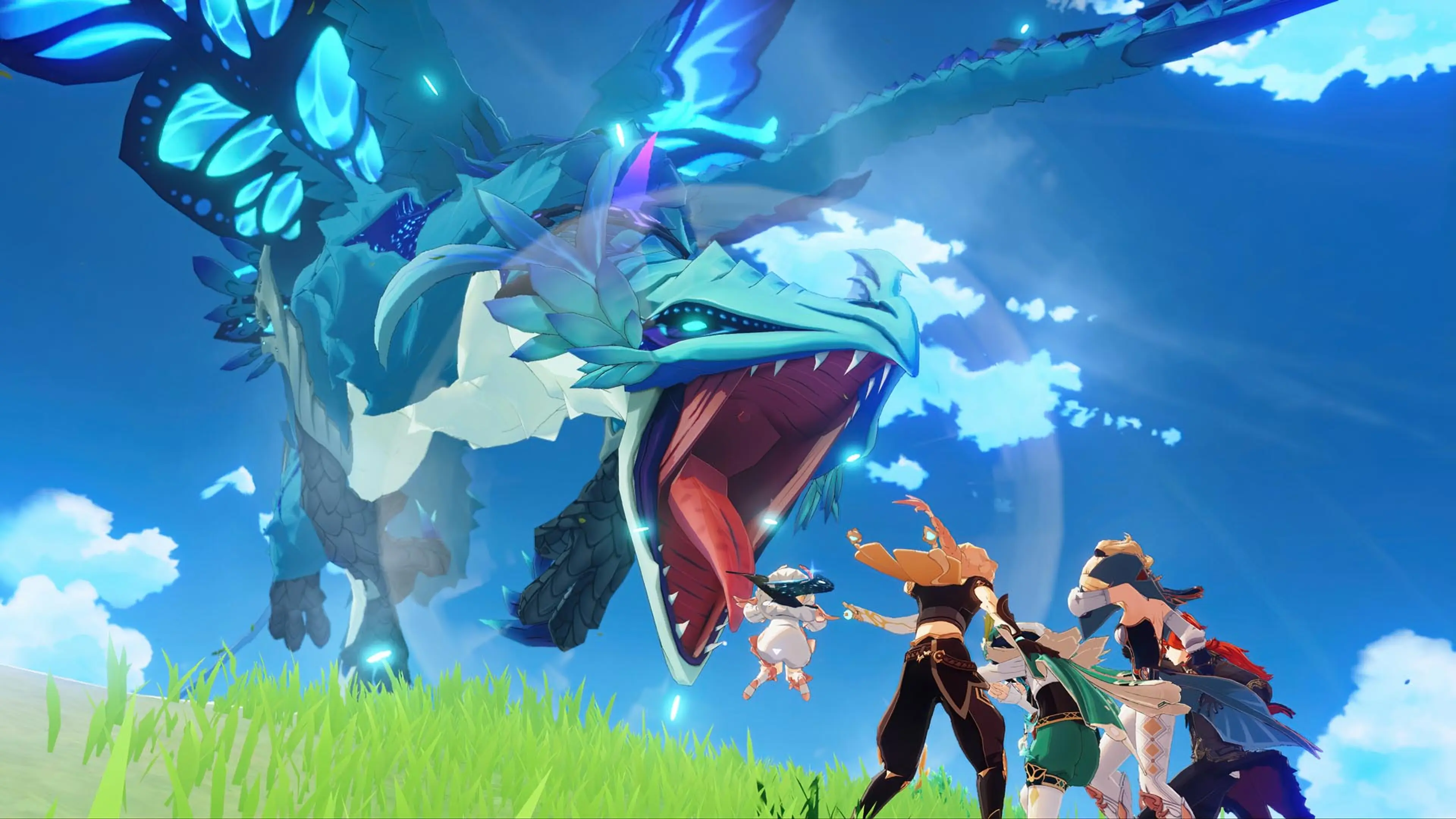 Genshin Impact characters exploring a wide open area