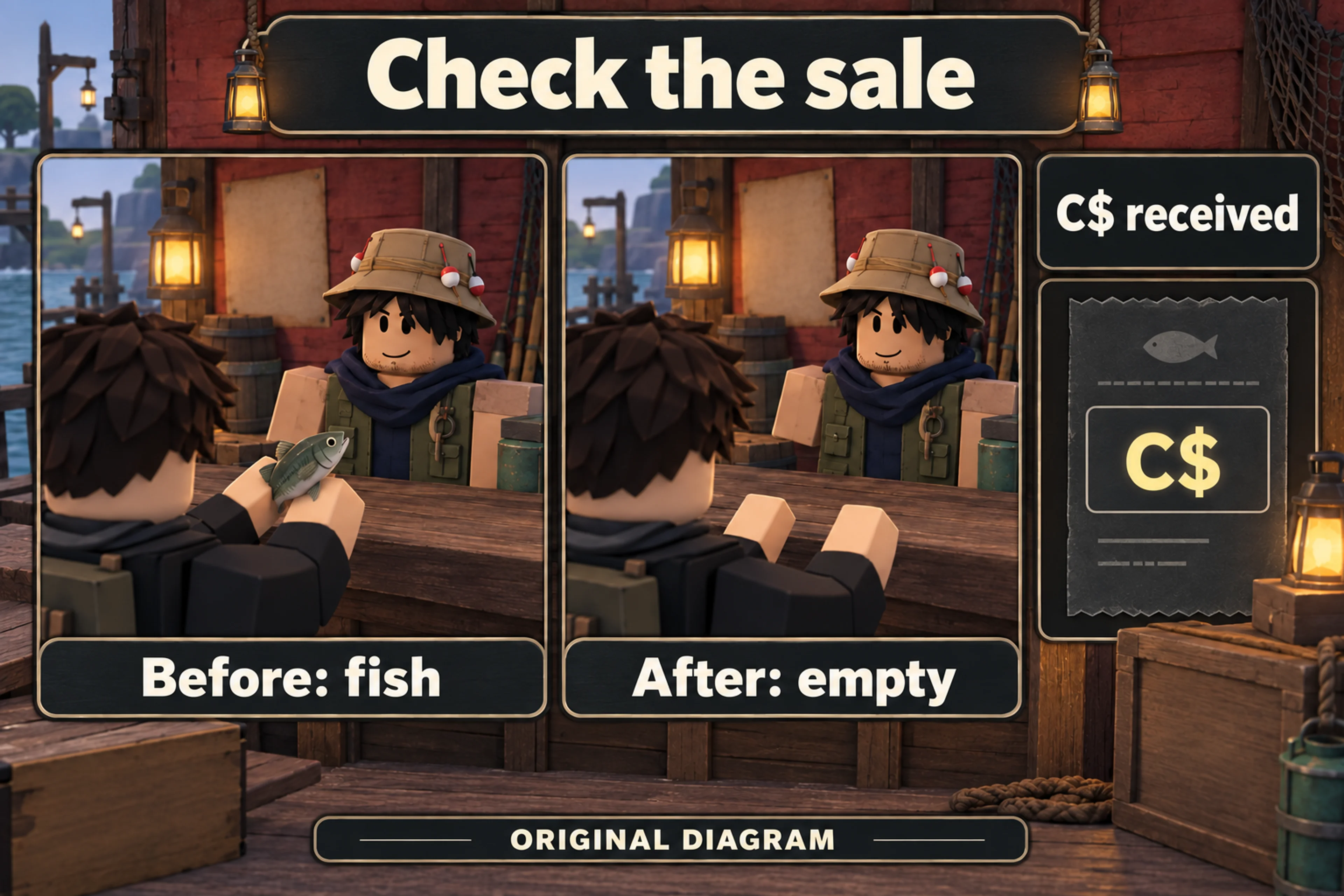 Original Pixel Twelve diagram comparing a held fish before selling with empty hands and a C$ payment after selling.