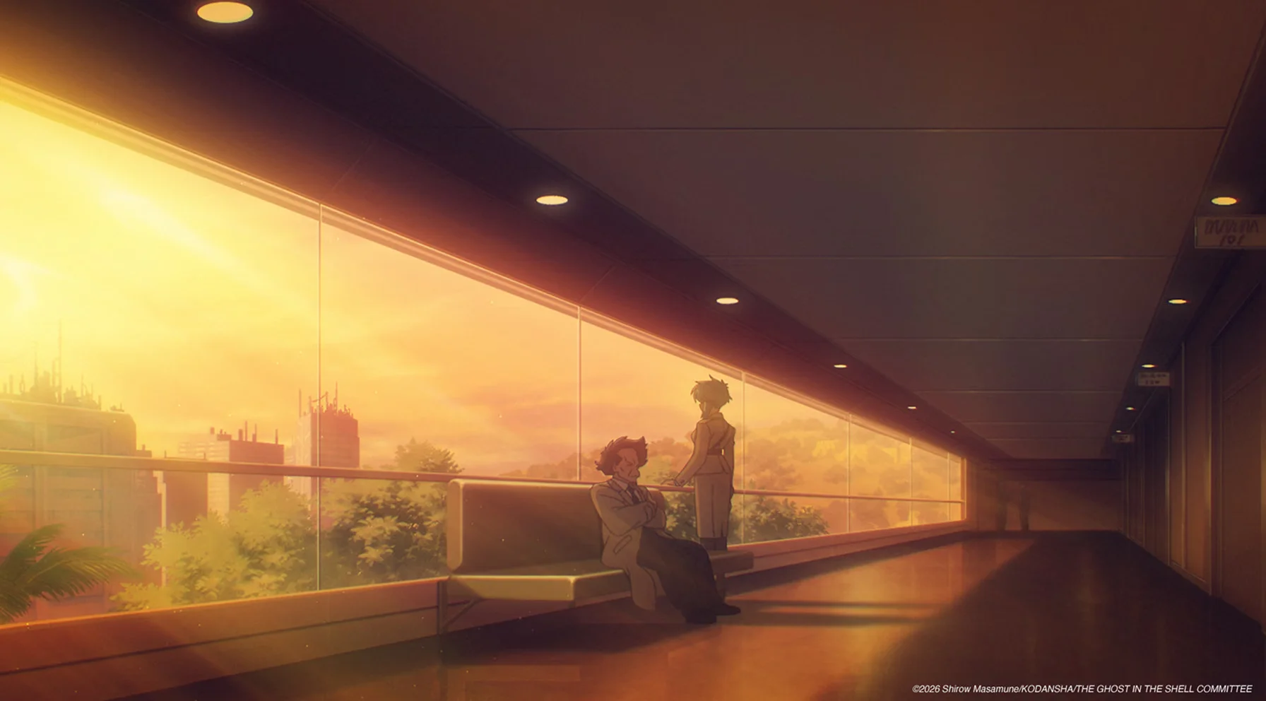 Two figures stand in a sunlit corridor in an official scene cut from The Ghost in the Shell Episode 9.