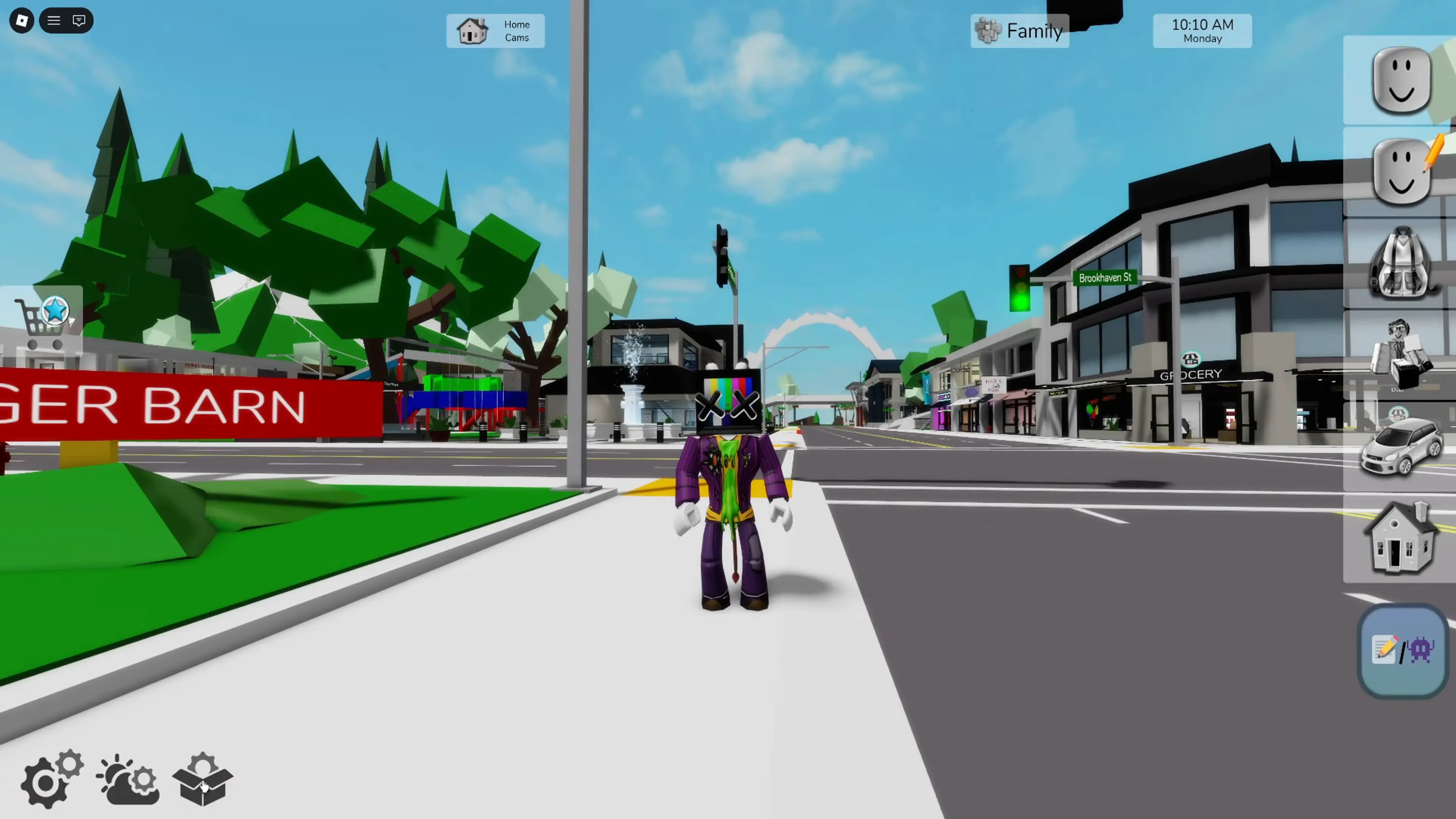 Brookhaven town center and the right-side gameplay menu.
