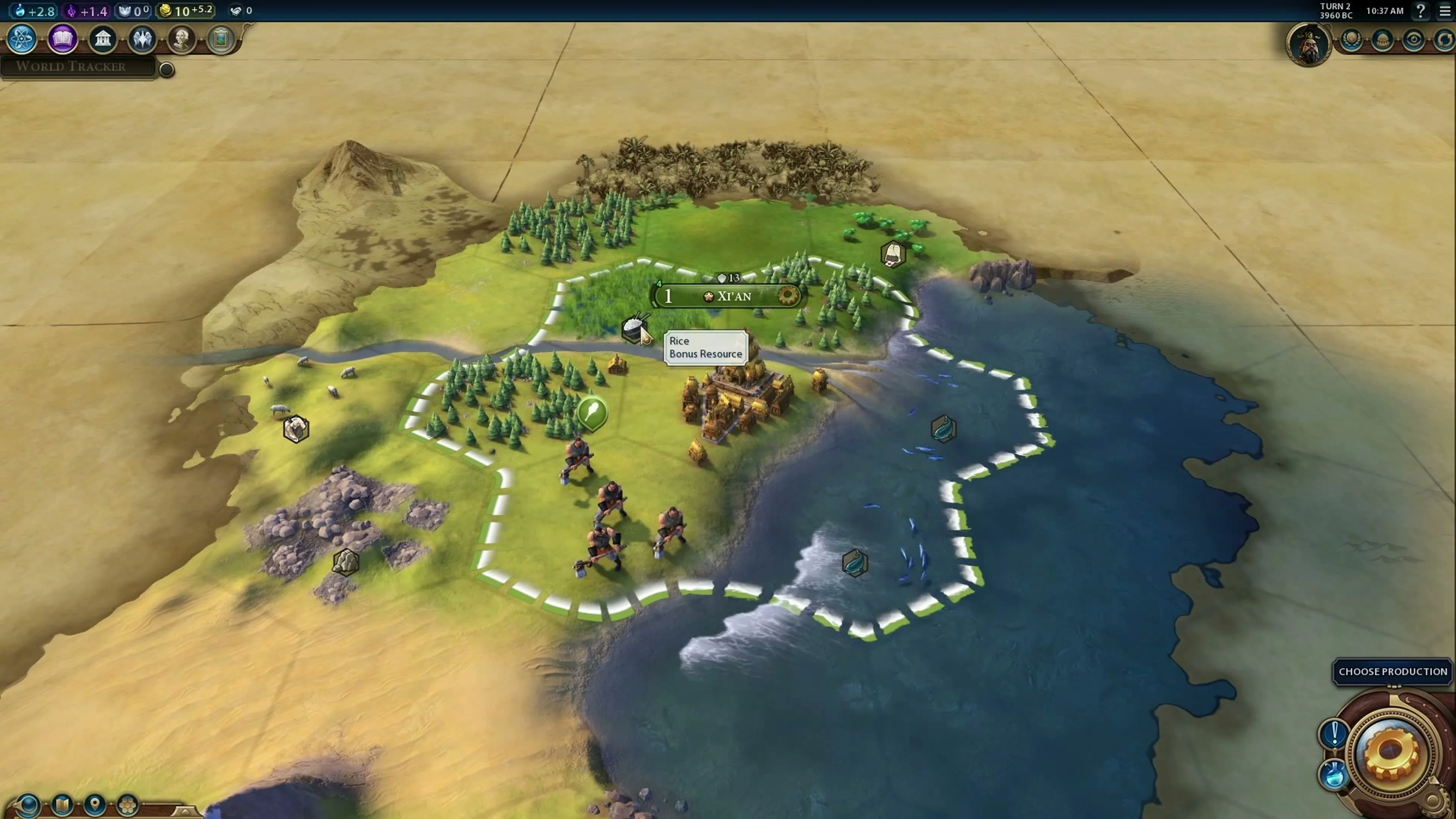 Civilization VI city area with a Rice tooltip over a resource beside a river.