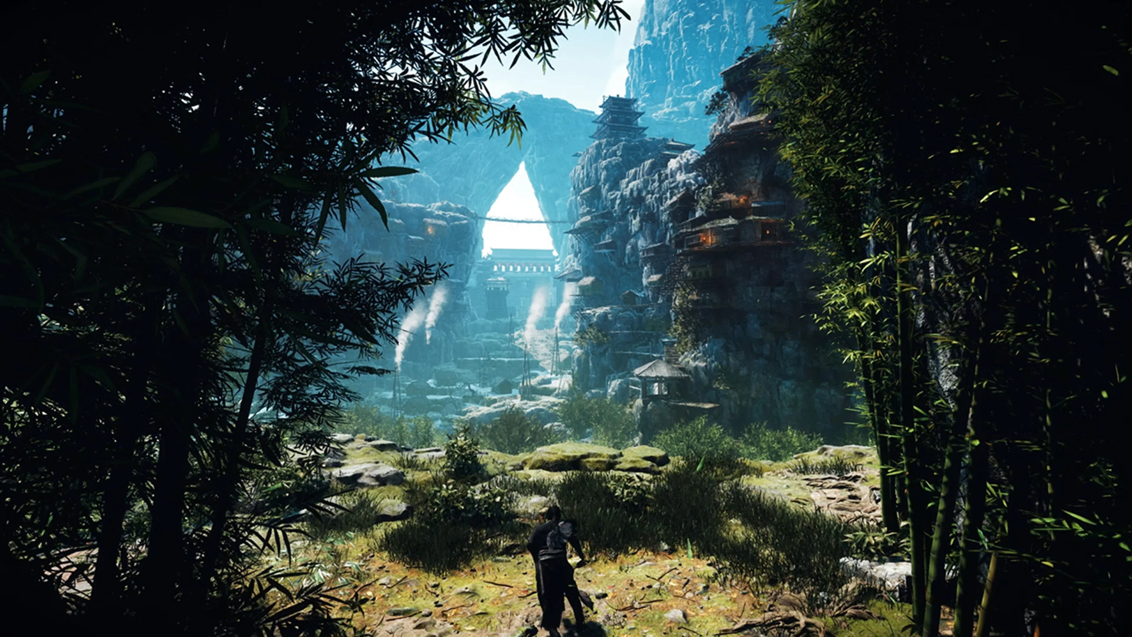 The Wo Long 2 protagonist enters a mountain battlefield surrounded by bamboo and cliffside buildings.