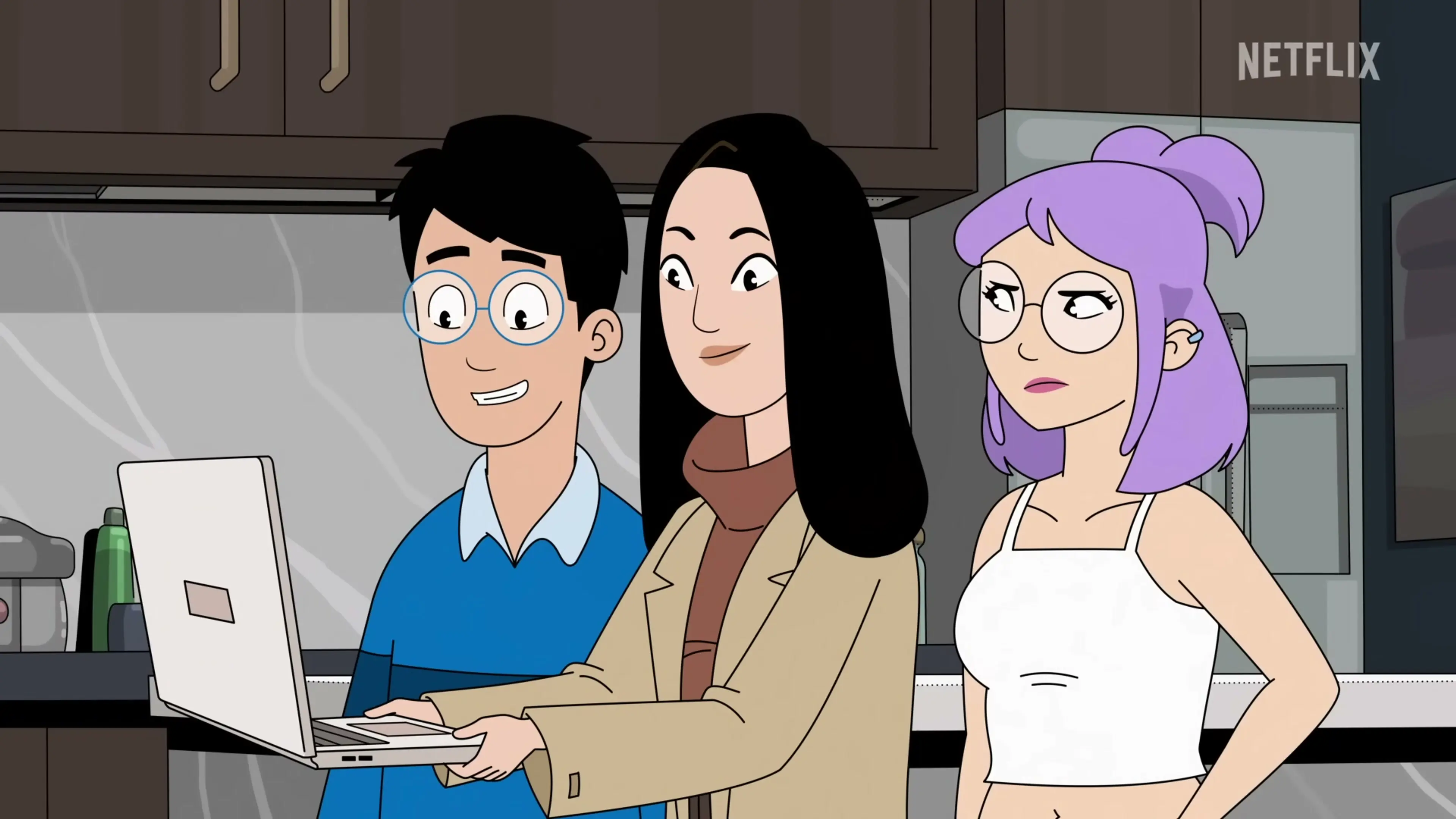 Andrew, Eunice, and Ruthie gather around a laptop in their New York apartment in DANG!.