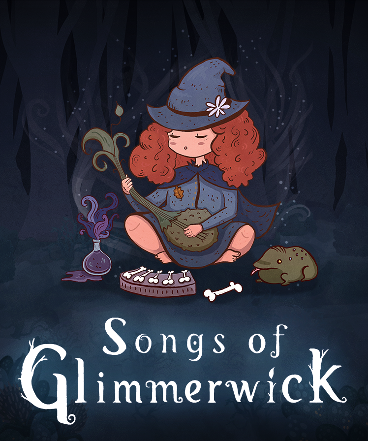 Official Songs of Glimmerwick cover: a young witch plays music beside a frog in a dark forest.