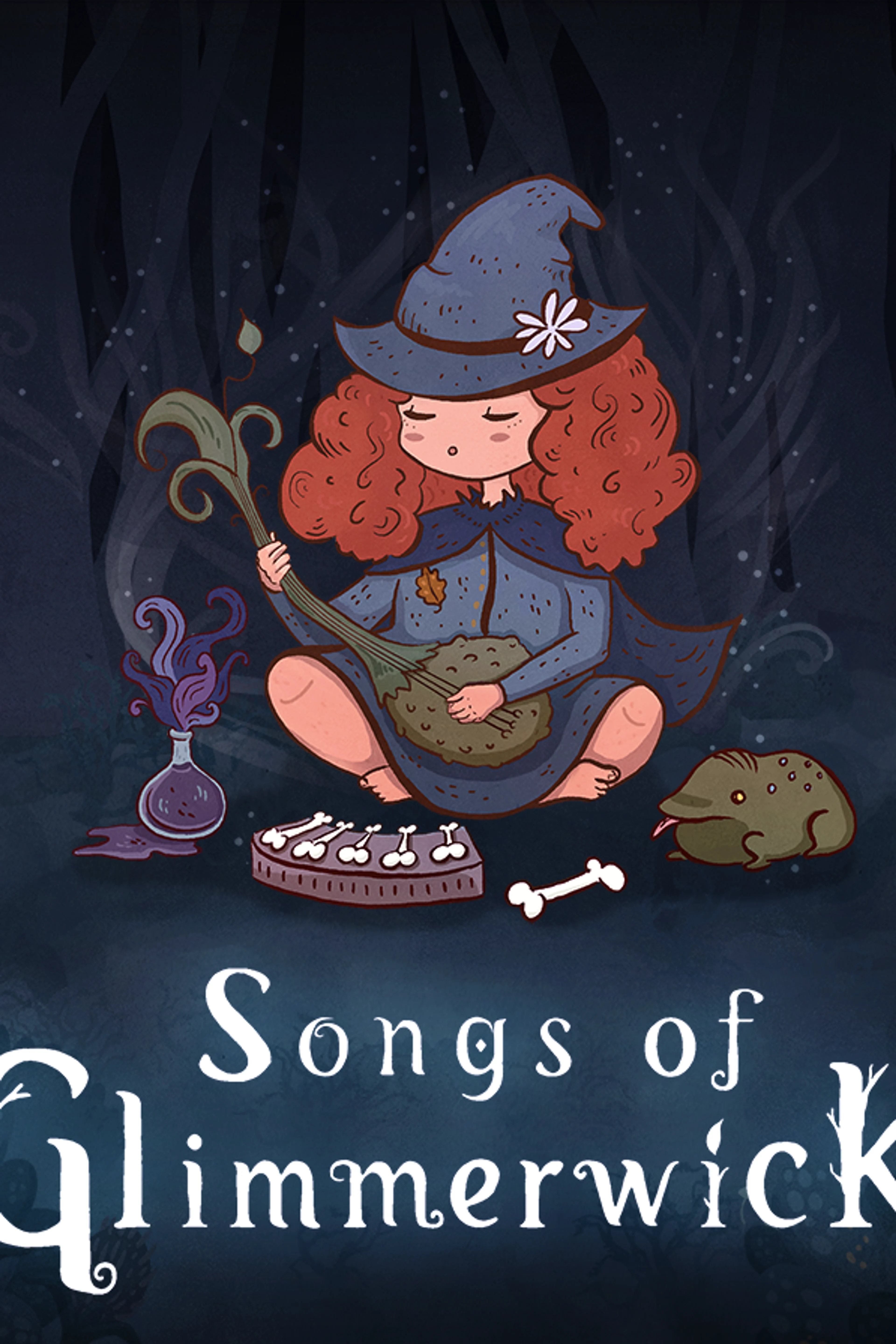 Official Songs of Glimmerwick cover: a young witch plays music beside a frog in a dark forest.