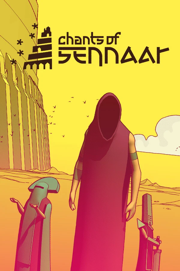 Official Chants of Sennaar cover showing a red-cloaked traveler beside yellow tower walls.