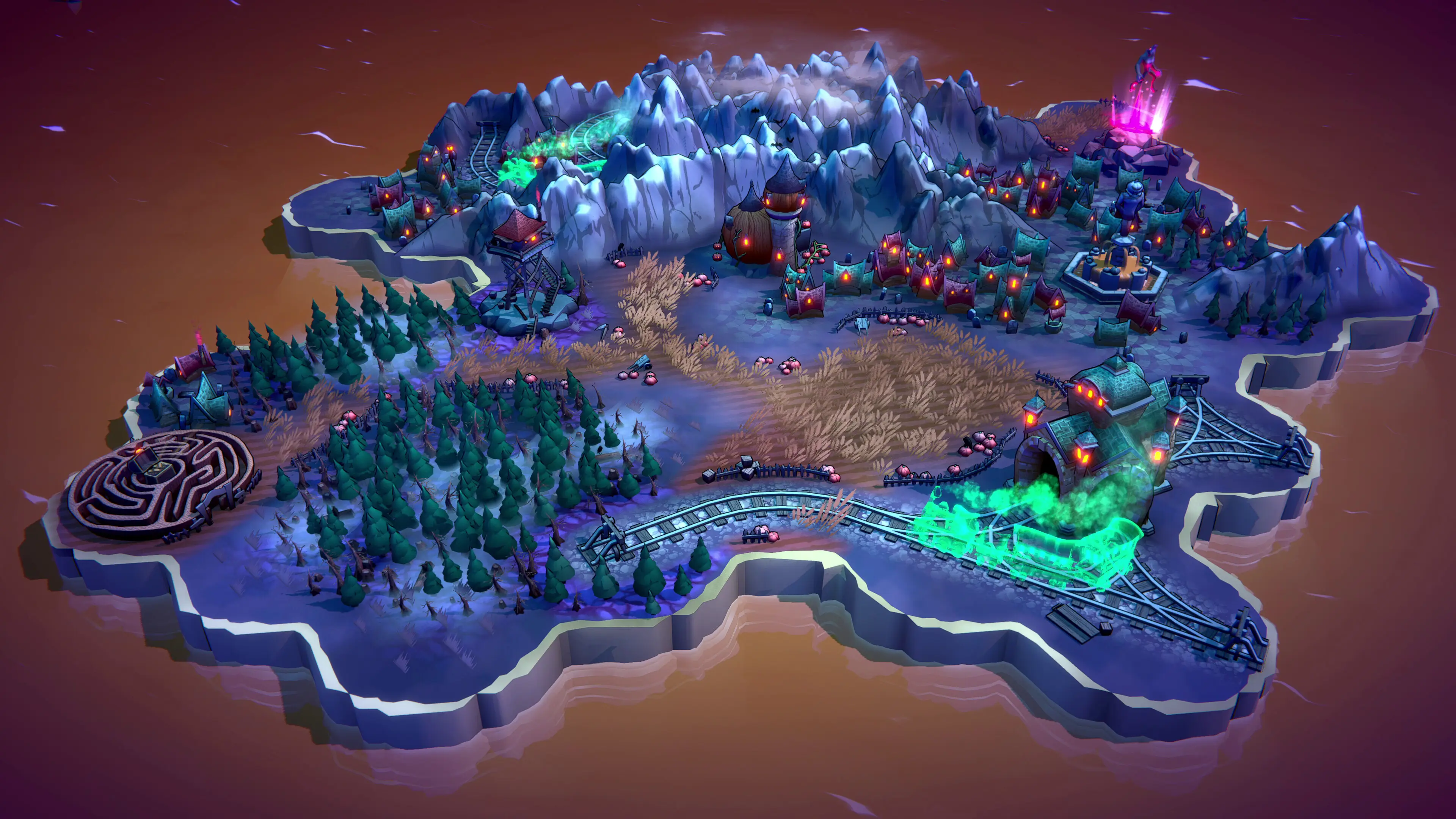 A Fangtopia island links a river, railway, maze, mountains and glowing landmarks.