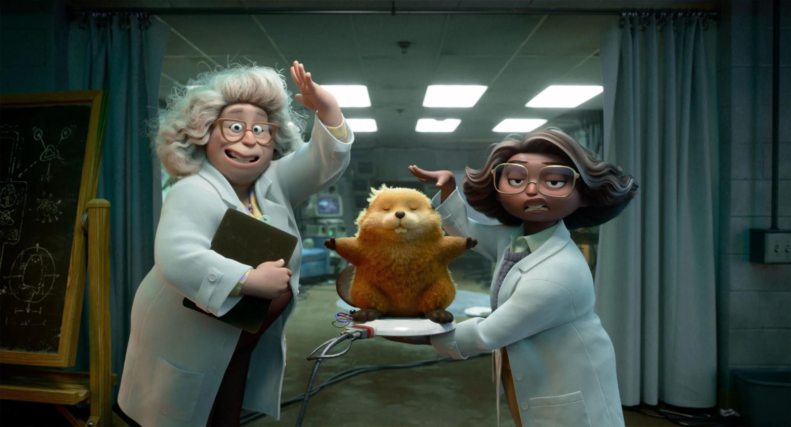 Dr. Sam and Dr. Nisha stand beside the robotic beaver in their laboratory.