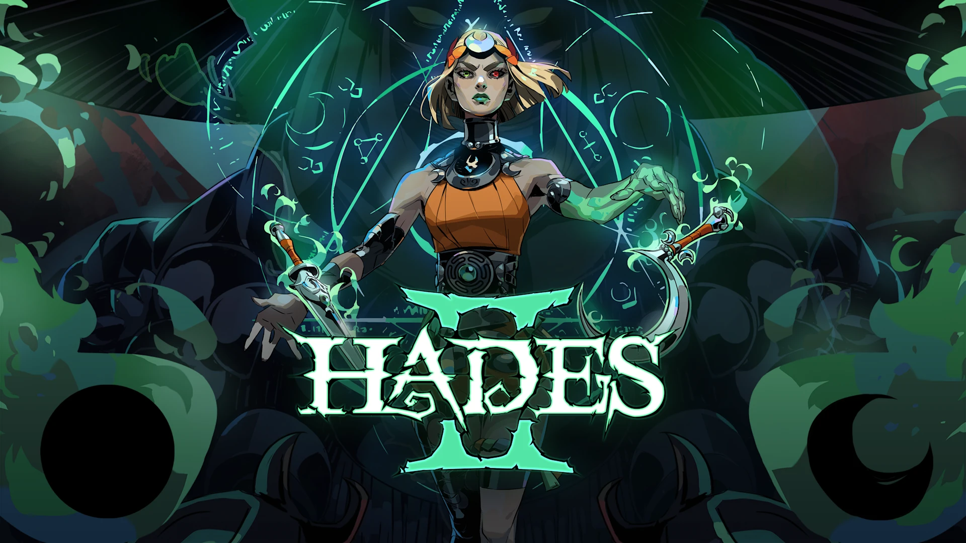 Official Hades II key art featuring Melinoe and the game's mythic cast.