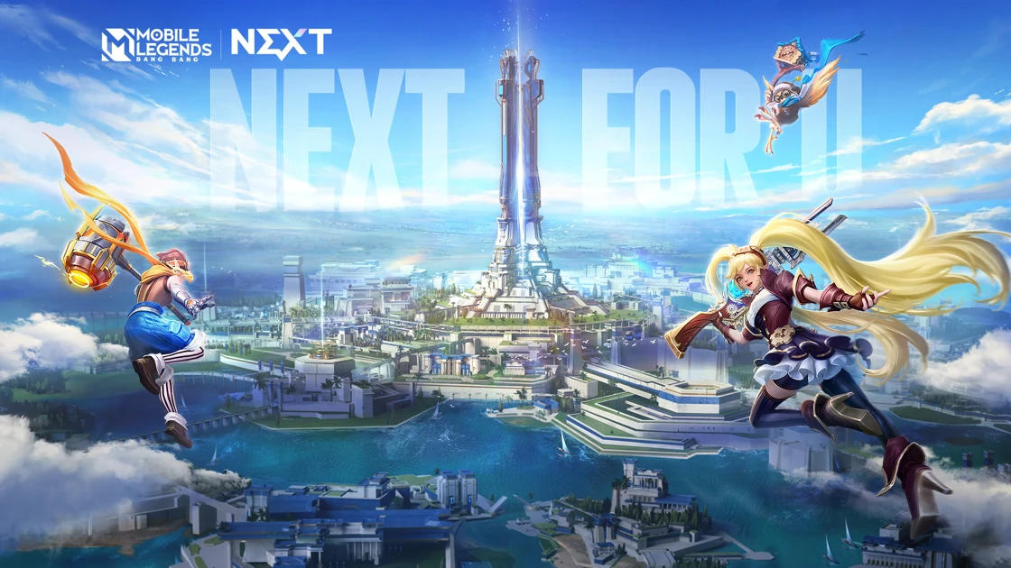 Two Mobile Legends: Bang Bang heroes fly above a futuristic city in official promotional artwork.