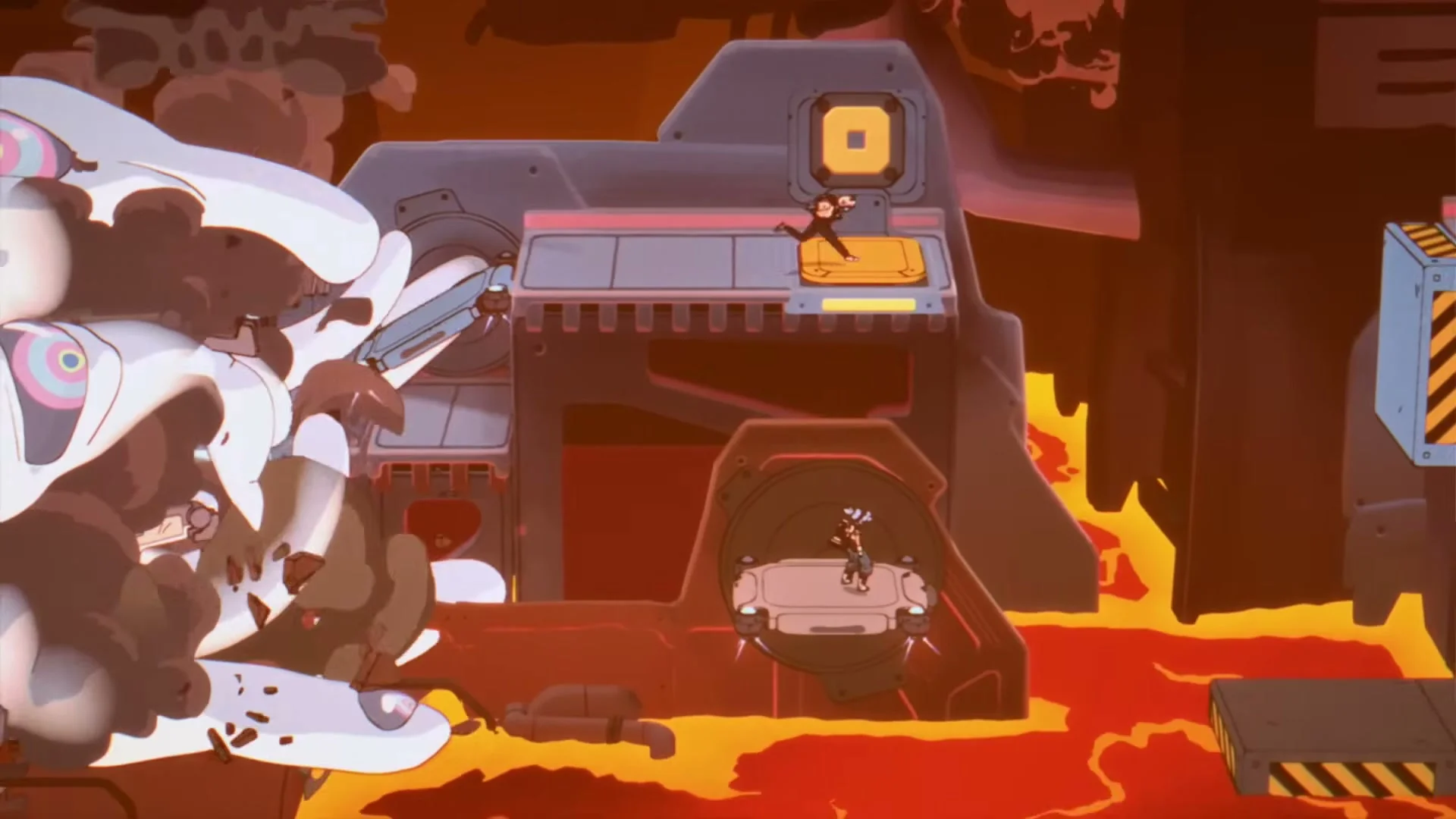 The two Orbitals players face a giant white robot above a lava-filled factory.