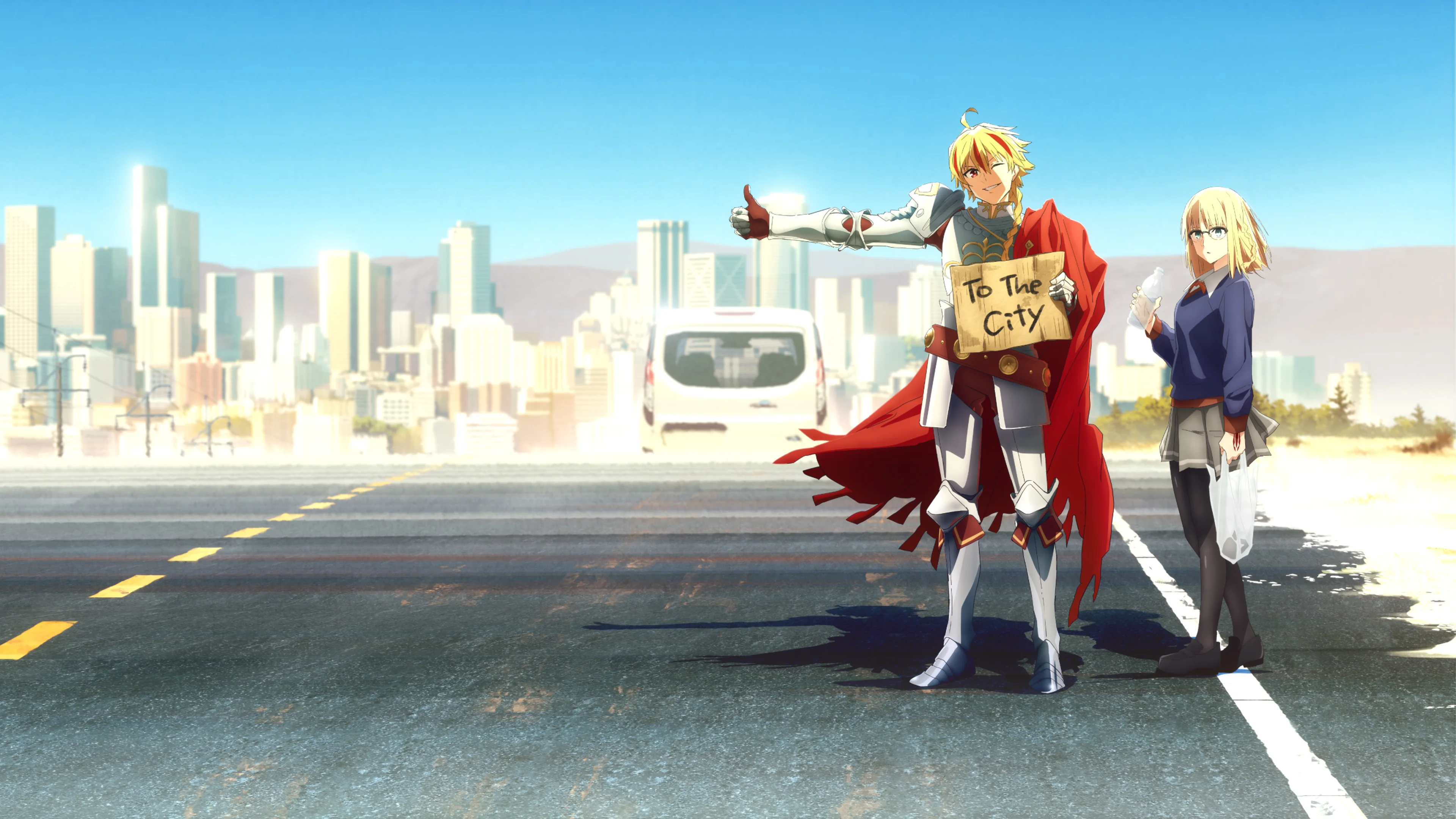 Official Fate/strange Fake key visual showing Saber and Ayaka on a road outside the city.
