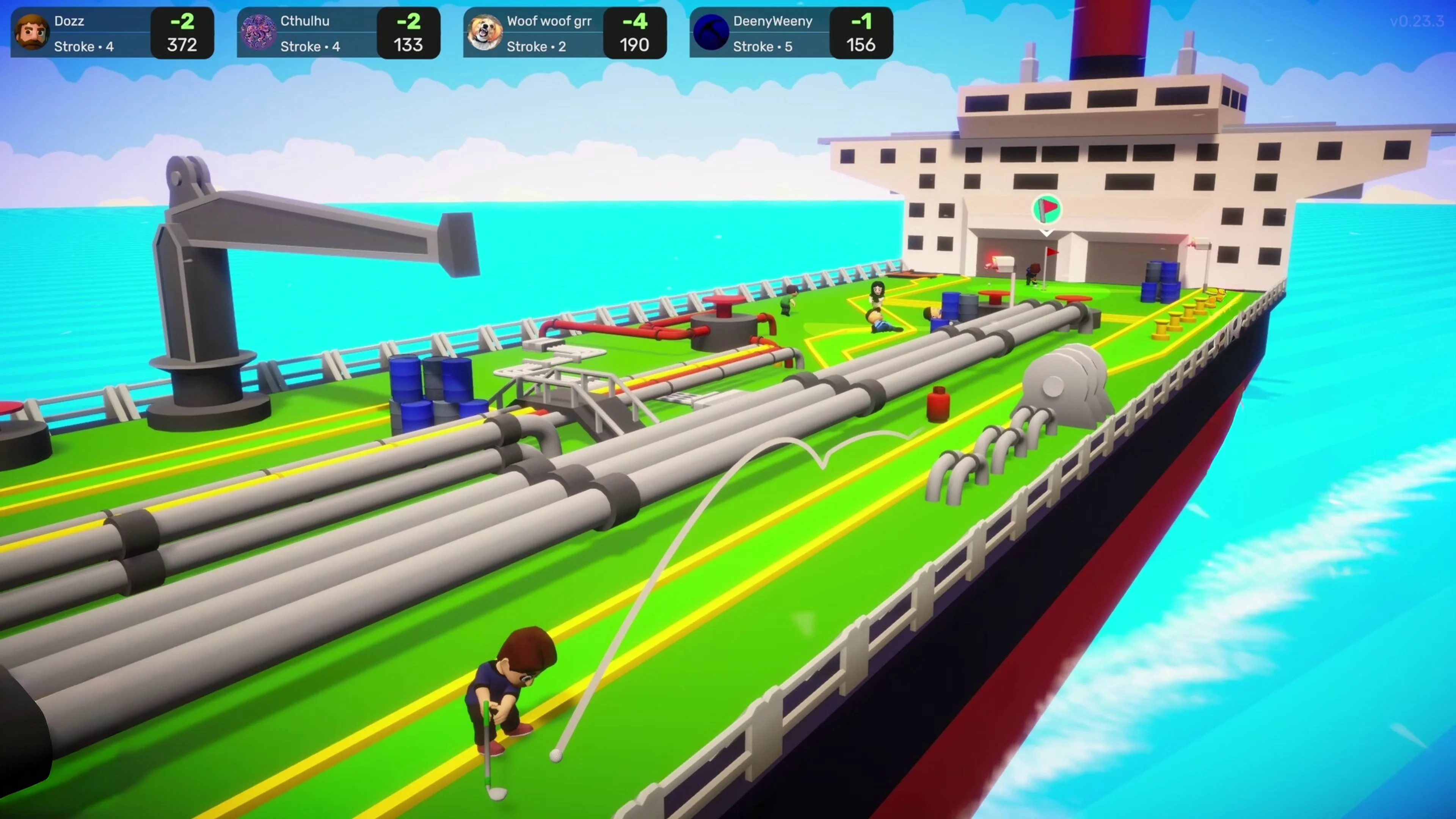 Players carry golf clubs across the deck of a ship in Really Illegal Golf.