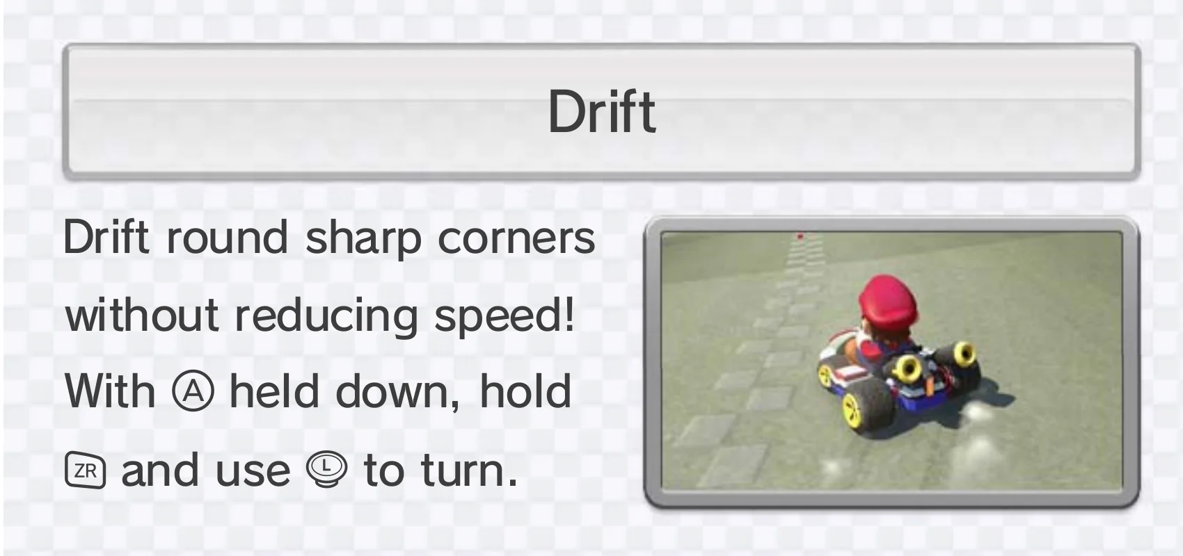 Official Mario Kart 8 Wii U manual crop showing Mario in a kart drifting and the written GamePad instruction to hold A and ZR while steering with the left stick.