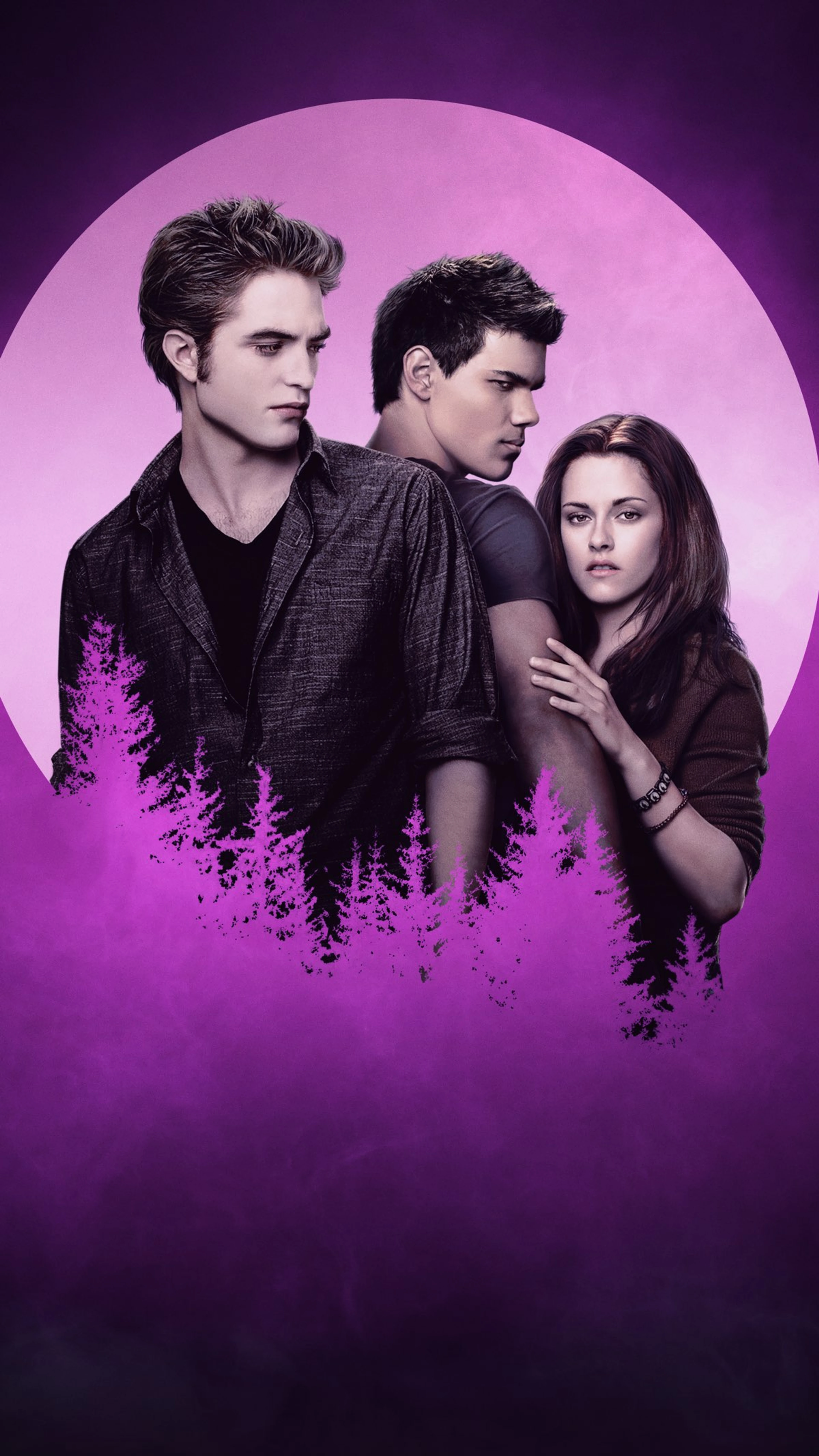 Official The Twilight Saga: New Moon artwork featuring Bella Swan, Edward Cullen and Jacob Black.